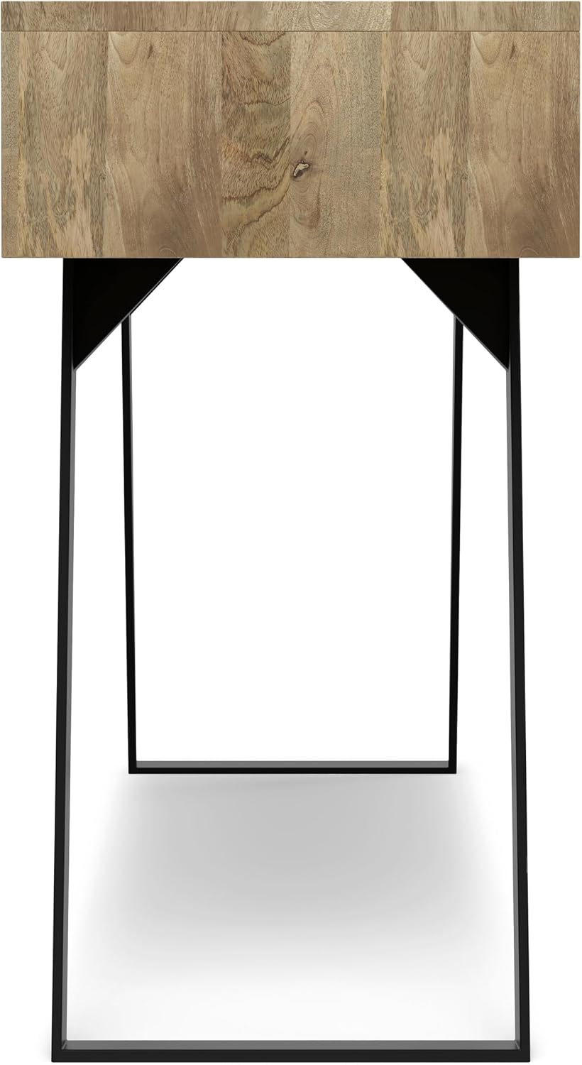 SIMPLIHOME Lowry Console Table - 60 Inch Wide Solid Mango Wood and Metal Sofa Table in Natural, Modern Industrial Storage Table for Entryway or Living Room with 3 Drawers and Angled Metal Legs