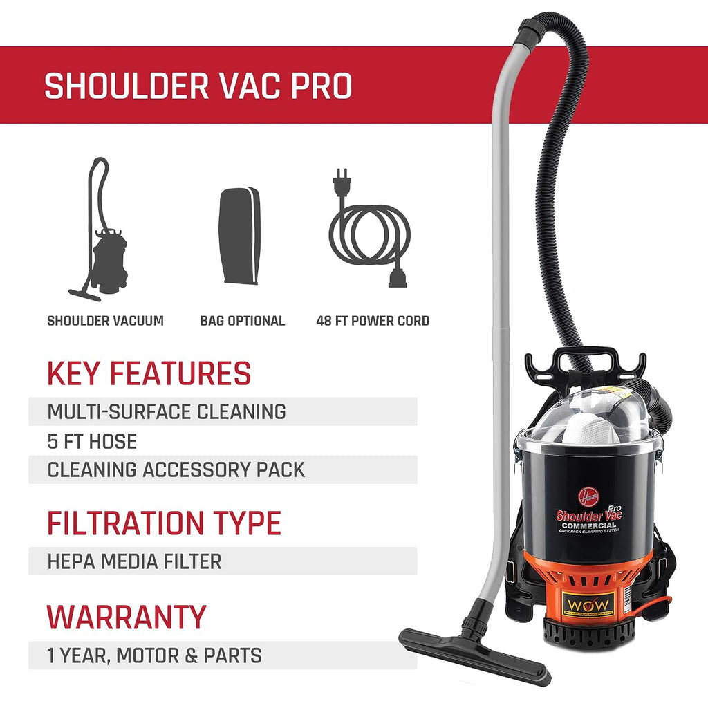 Hoover Commercial Shoulder Vac Pro Backpack Bagged Vacuum Cleaner, with HEPA Media Filter, Lightweight with Extra Long Cord, Chiropractic Design, for Carpet and Hard Floors, C2401, Black