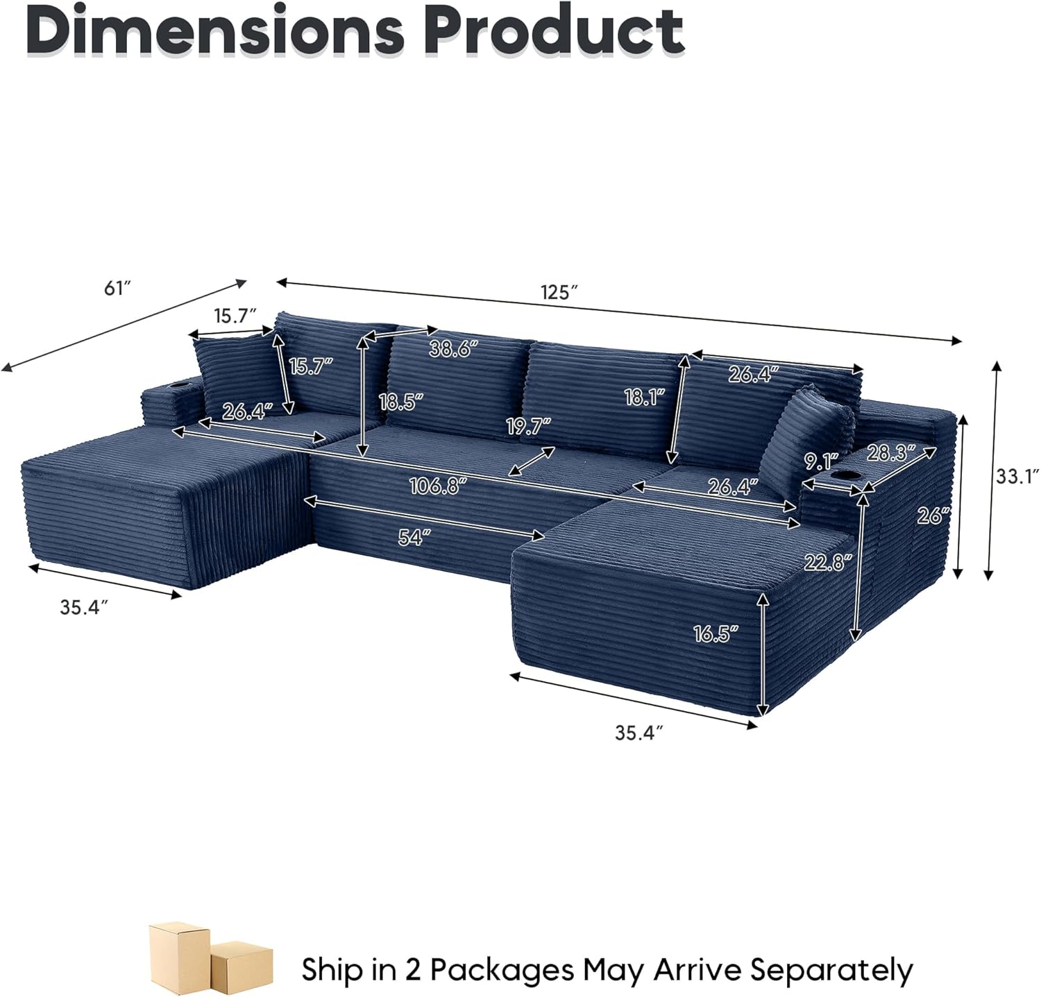 125' Oversized Cloud Boneless Couch with Chaise, Modern Modular Sofa with Deep Seat, Corduroy Upholstered U Shaped Couch for Living Room, No Assembly Required (Blue)