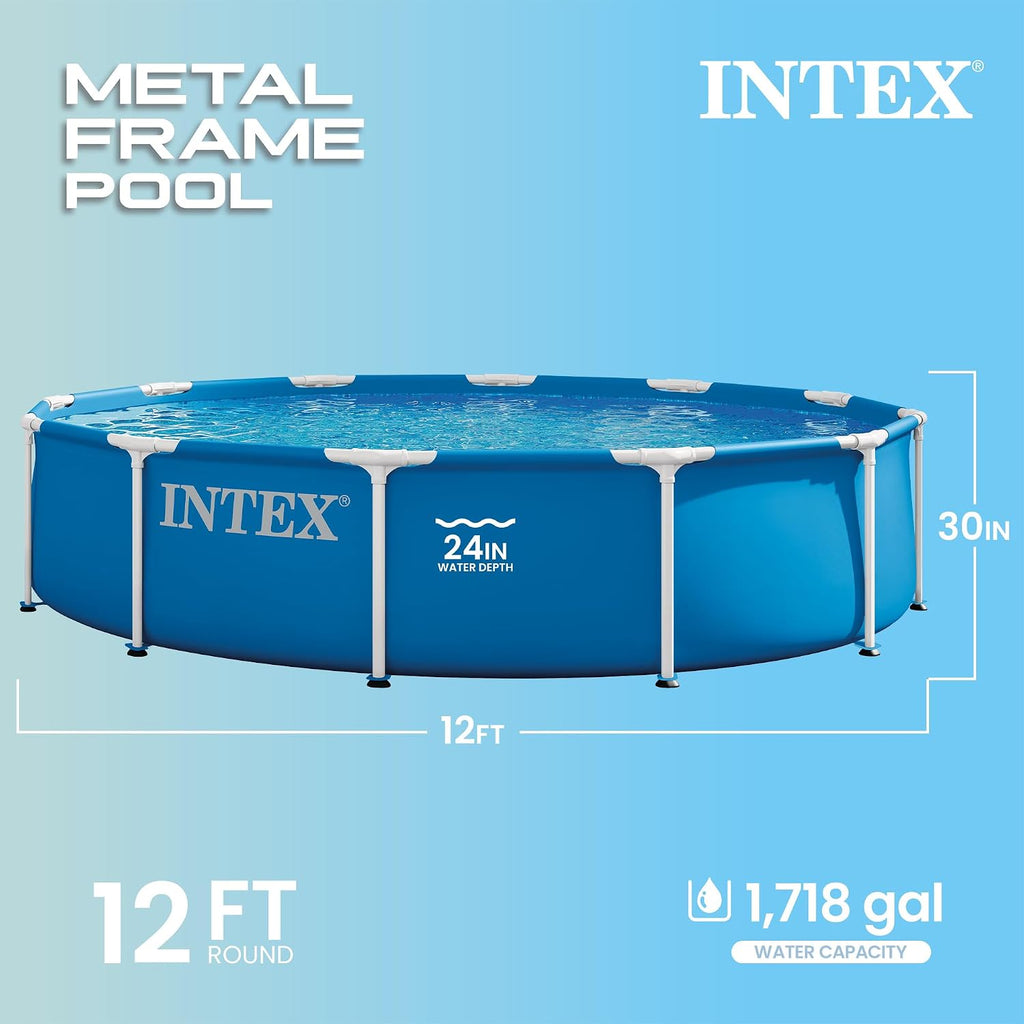 INTEX Metal Frame 12 ft x 30 in Above Ground Pool Set, Round Swimming Pool with Steel Frame