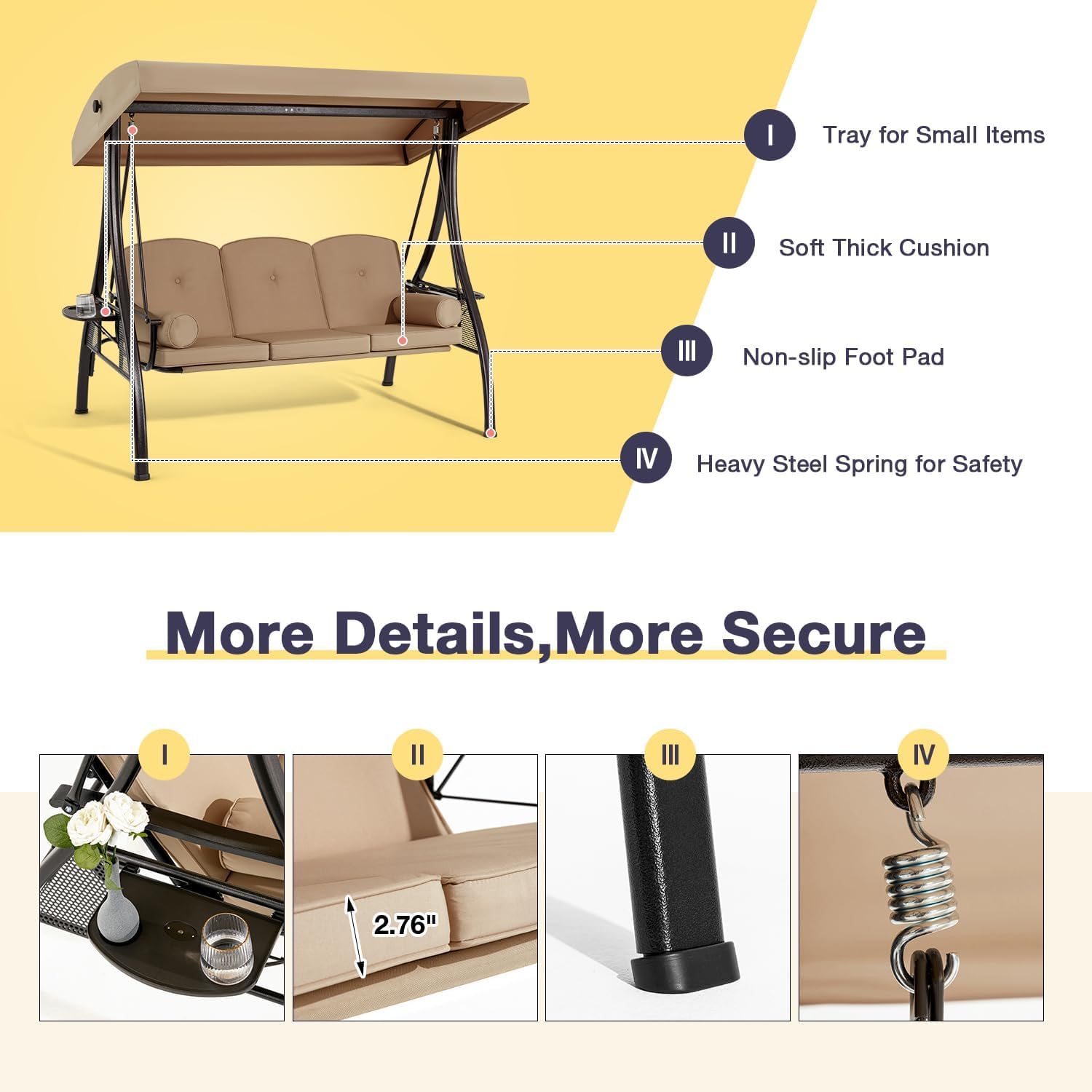 HOMREST 3 Person Outdoor Porch Swing with 1.5' Upgraded Cup Holder, Adjustable Canopy, Backrest, Patio Swing Bed with Weather Resistant Steel Frame, Cushions for Garden,Deck and Poolside(Brown)