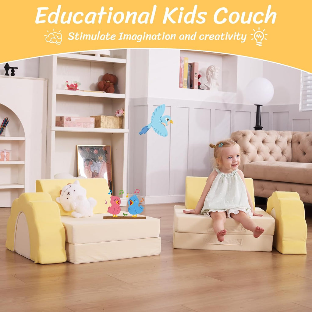 LOAOL Kids Couch 10PCS, Modular Kids Play Couch, Multifunctional Foam Toddler Sofa, Imaginative Convertible Play Sofa for Playroom(Medium Size, Yellow+Beige)