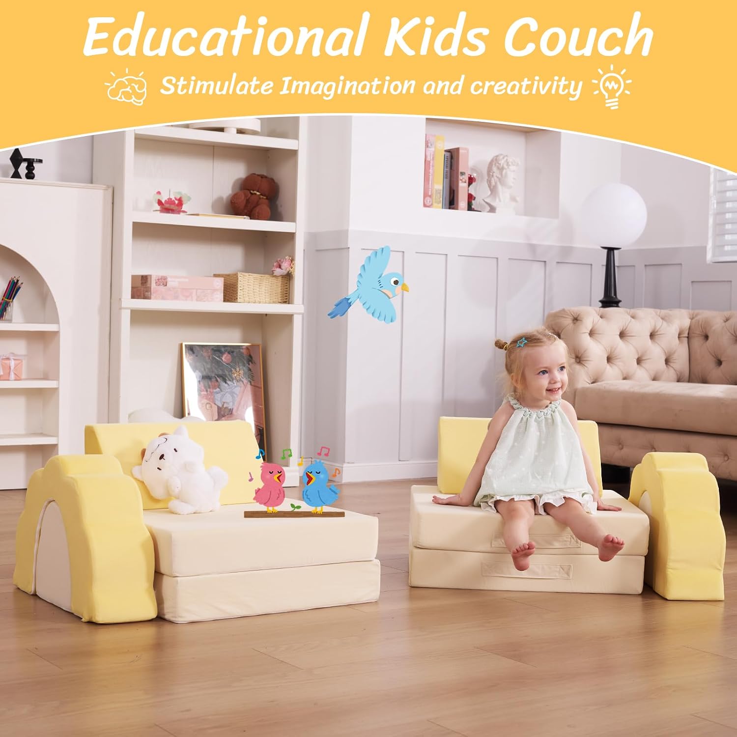 LOAOL Kids Couch 10PCS, Modular Kids Play Couch, Multifunctional Foam Toddler Sofa, Imaginative Convertible Play Sofa for Playroom(Medium Size, Yellow+Beige)