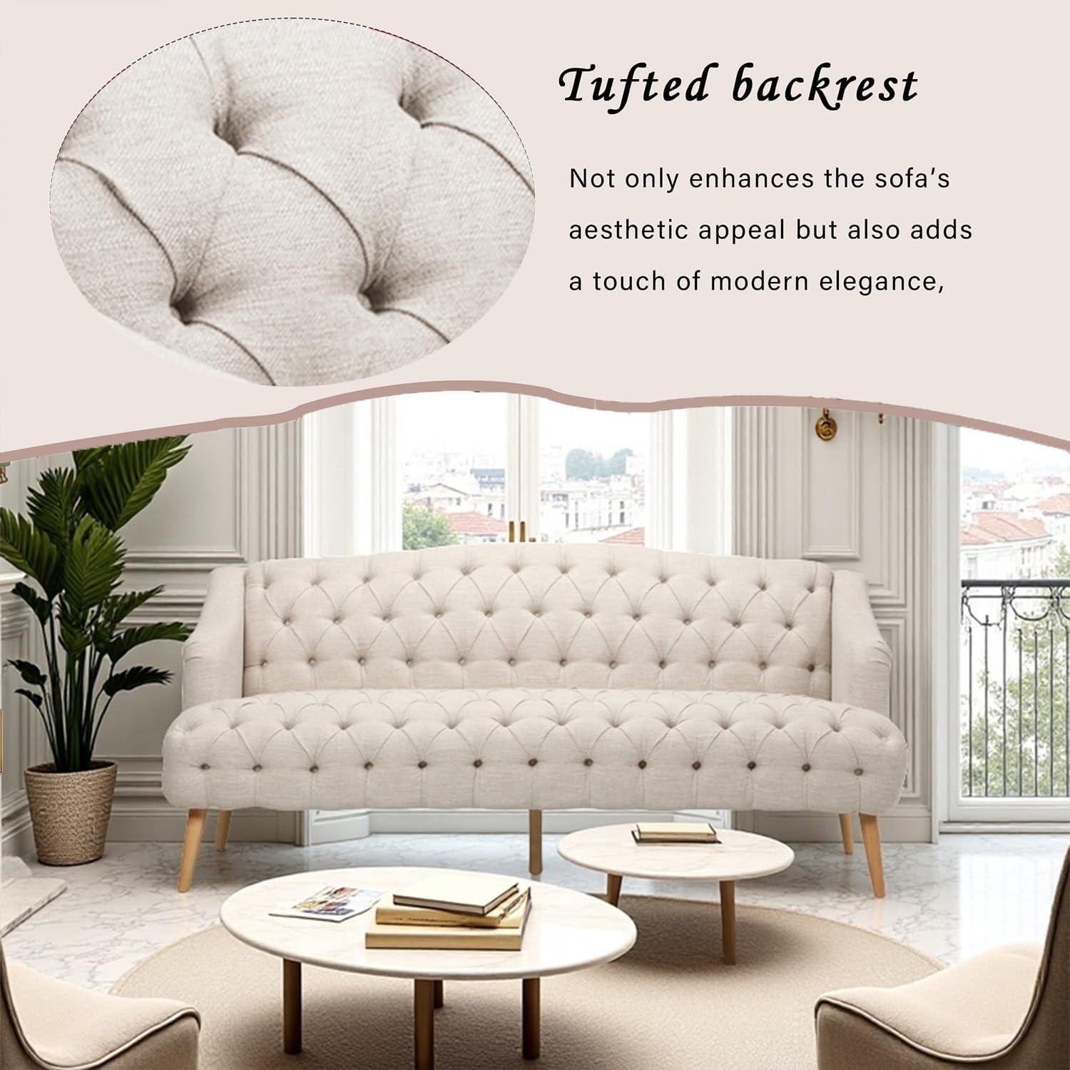Beige Modern Velvet Loveseat Sofa Couch, 73' Mid - Century Tufted Upholstered Small Love Seat Couch, Curved High Back 3-Seats Couches for Compact Space, Living Room, Apartment (Beige)