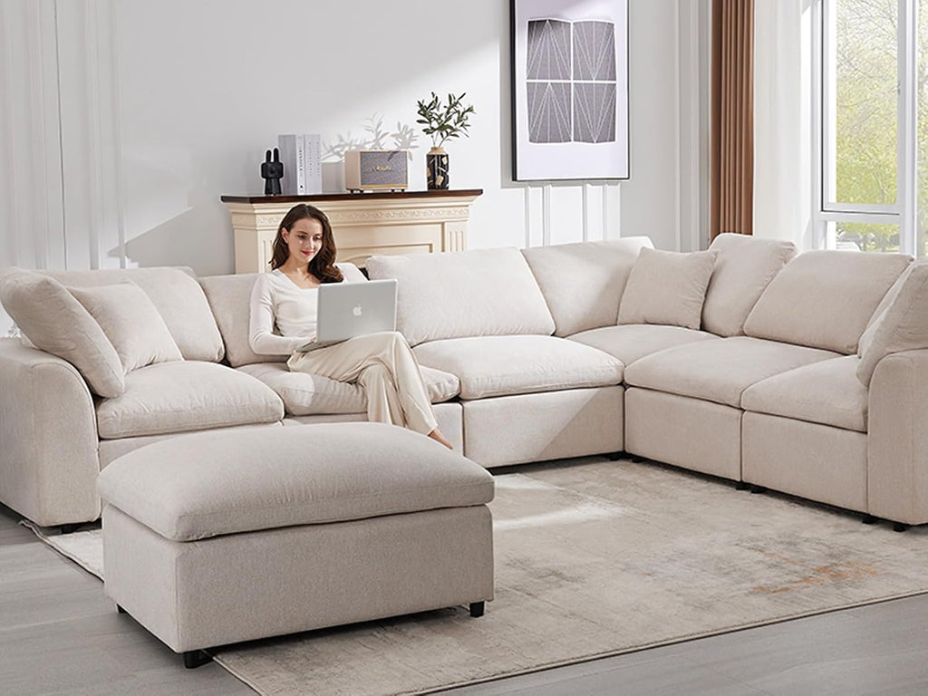 Siiejia Cloud Couch Modular Sectional Sofa Modern Oversized Couches with Ottoman 7 Seater L-Shaped Sofas Comfy Couches for Living Room Spacious Space Apartment Lounge, Cream