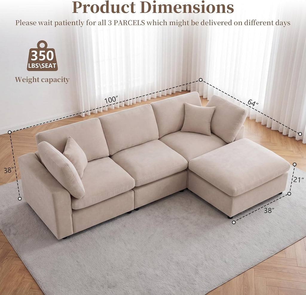 L-Shaped Modular Sectional Sofa, Modern Cloud Couch with Ottoman, 3-Seater Corner Sofa, Deep-Seated Sofas for Living Rooms, Bedroom and Apartment, Beige - Chenille