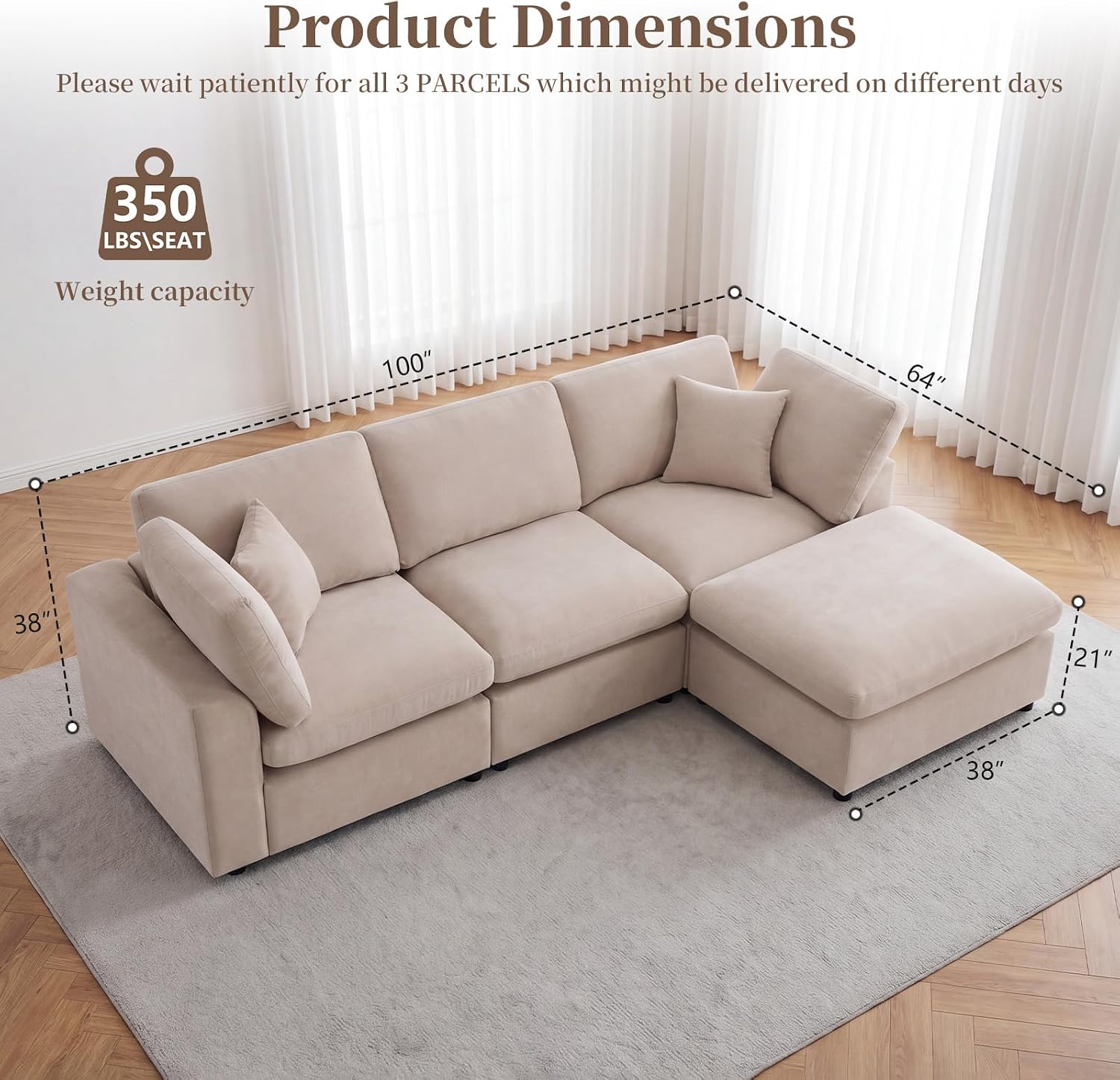 L-Shaped Modular Sectional Sofa, Modern Cloud Couch with Ottoman, 3-Seater Corner Sofa, Deep-Seated Sofas for Living Rooms, Bedroom and Apartment, Beige - Chenille