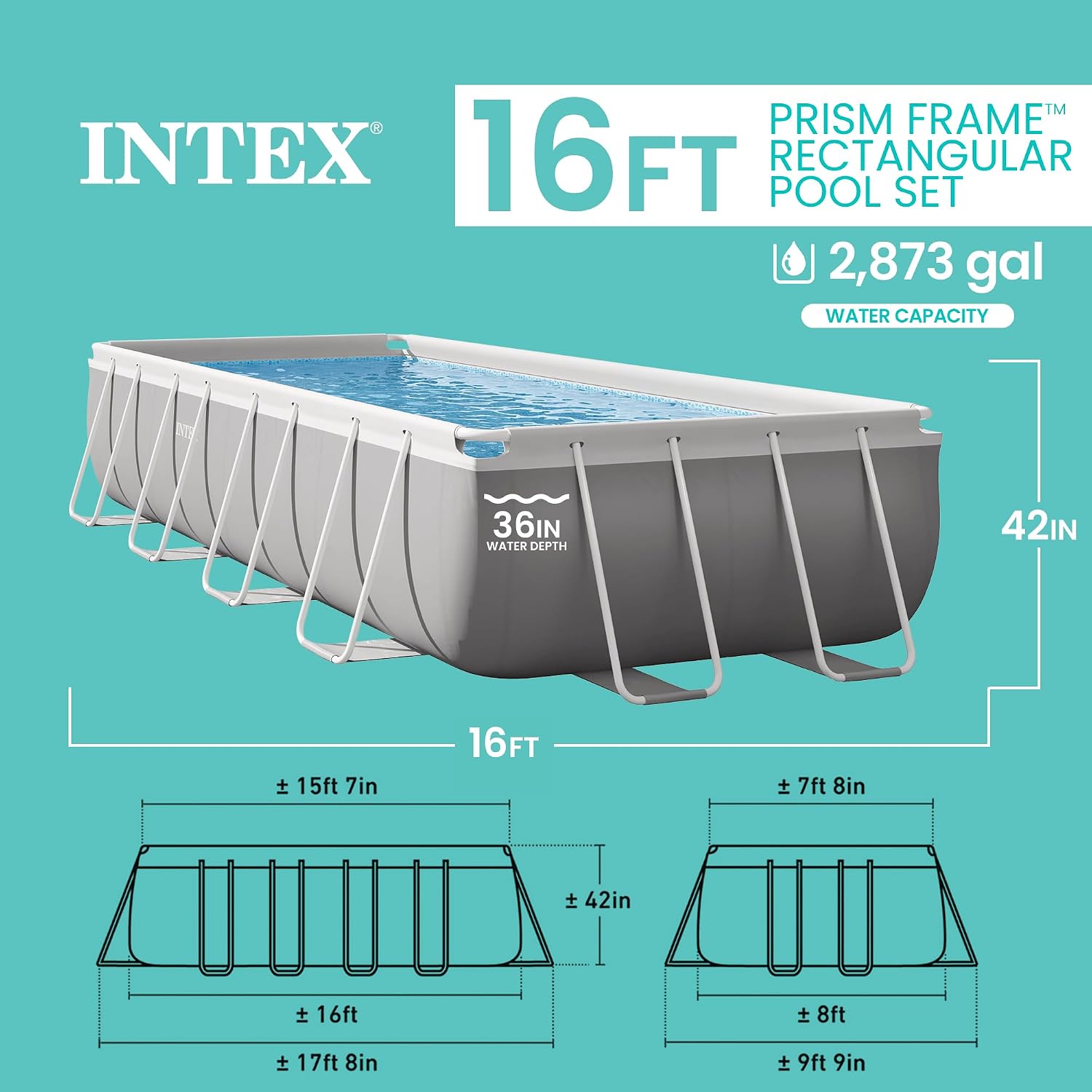 Intex 16 Foot by 42 inches Frame Rectangular Above Ground Swimming Pool Set with Filter Pump, Ladder, Ground Cloth, Protective Canopy, and Pool Cover