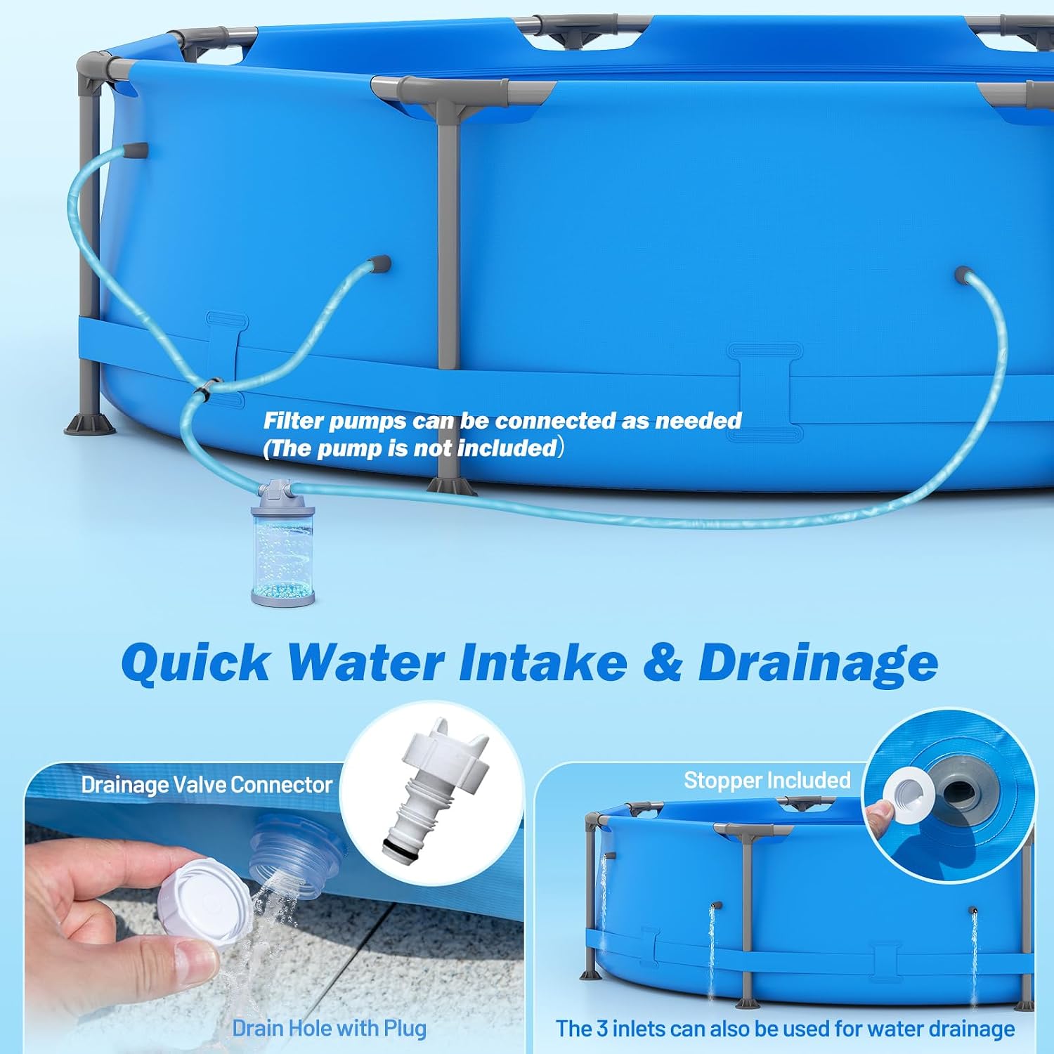 Moccha 10'x10' Round Above Ground Pool, Metal Frame Family Pool Set w/PVC Fabric, 3 Stoppers, Drainage Valve Connector, Outdoor Backyard Swimming Pool (10' Round, 1158 Gal, Blue)