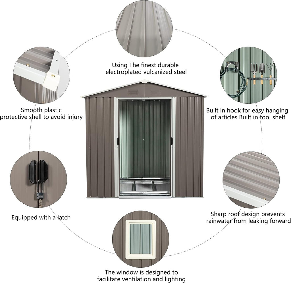6x5 ft Outdoor Metal Storage Shed with Floor Foundation and Window, Lockable Galvanized Steel Tool Shed with Sliding Door and Air Vent, Waterproof Garden Storage House for Backyard, Patio
