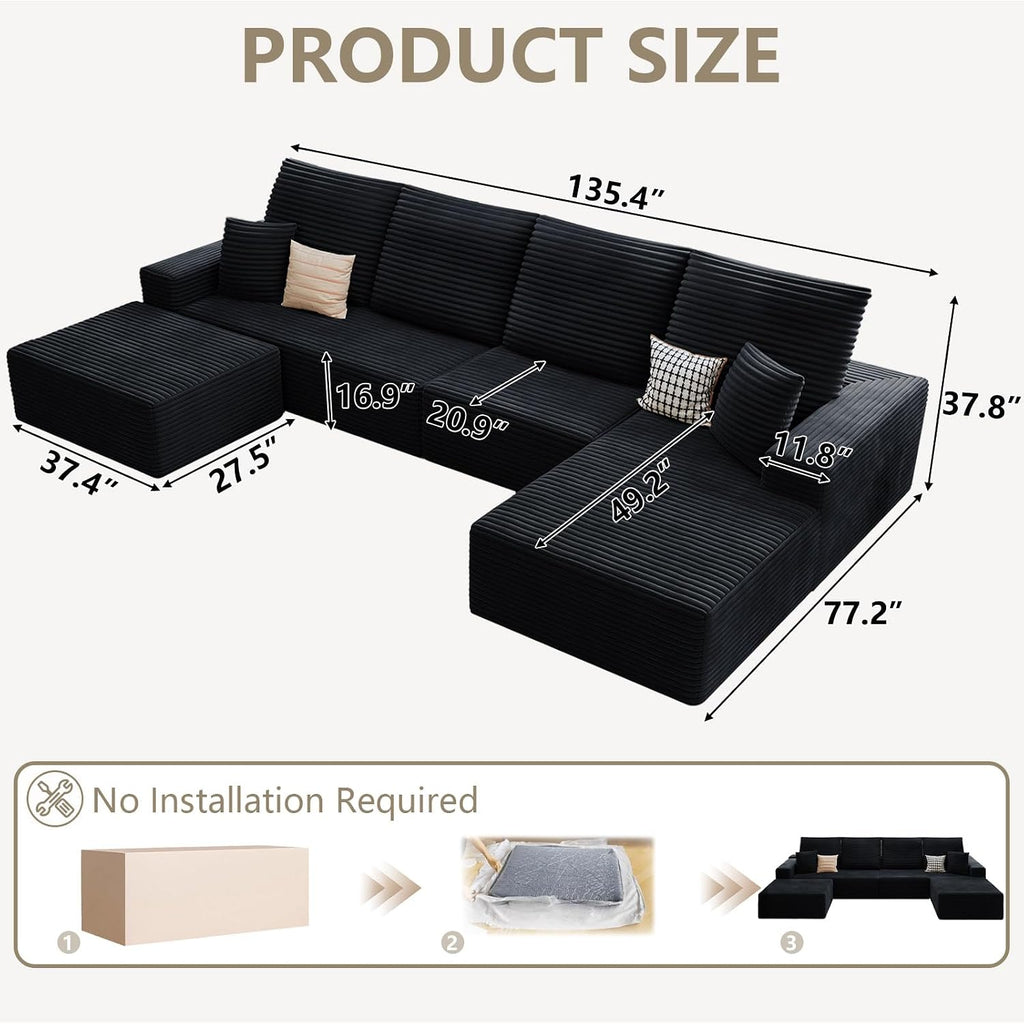 135' Cloud Sectional Couch with U-Shaped Chaise, Corduroy Sectional Sofa with Ottoman, Boneless Couch with Deep Seat in a Box for Living Room, No Assembly Required (Black, Right Facing Chaise)