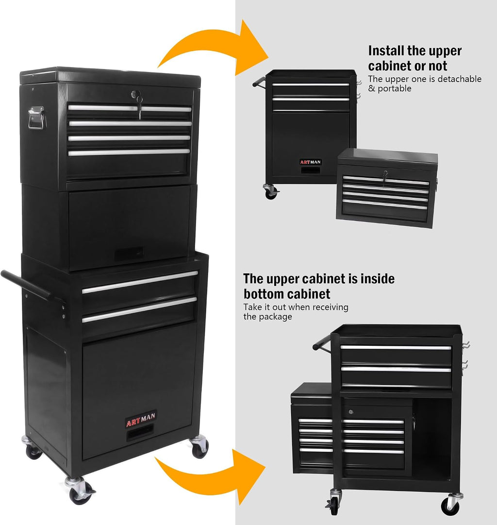6-Drawer Tool Chest, 3-in-1 Rolling Tool Box with Detachable Top Toolbox & Key Lock,Tool Cabinet with Protective Liner & Universal Lockable Wheels,Metal Storage Cart for Garage,Workshop (Black)