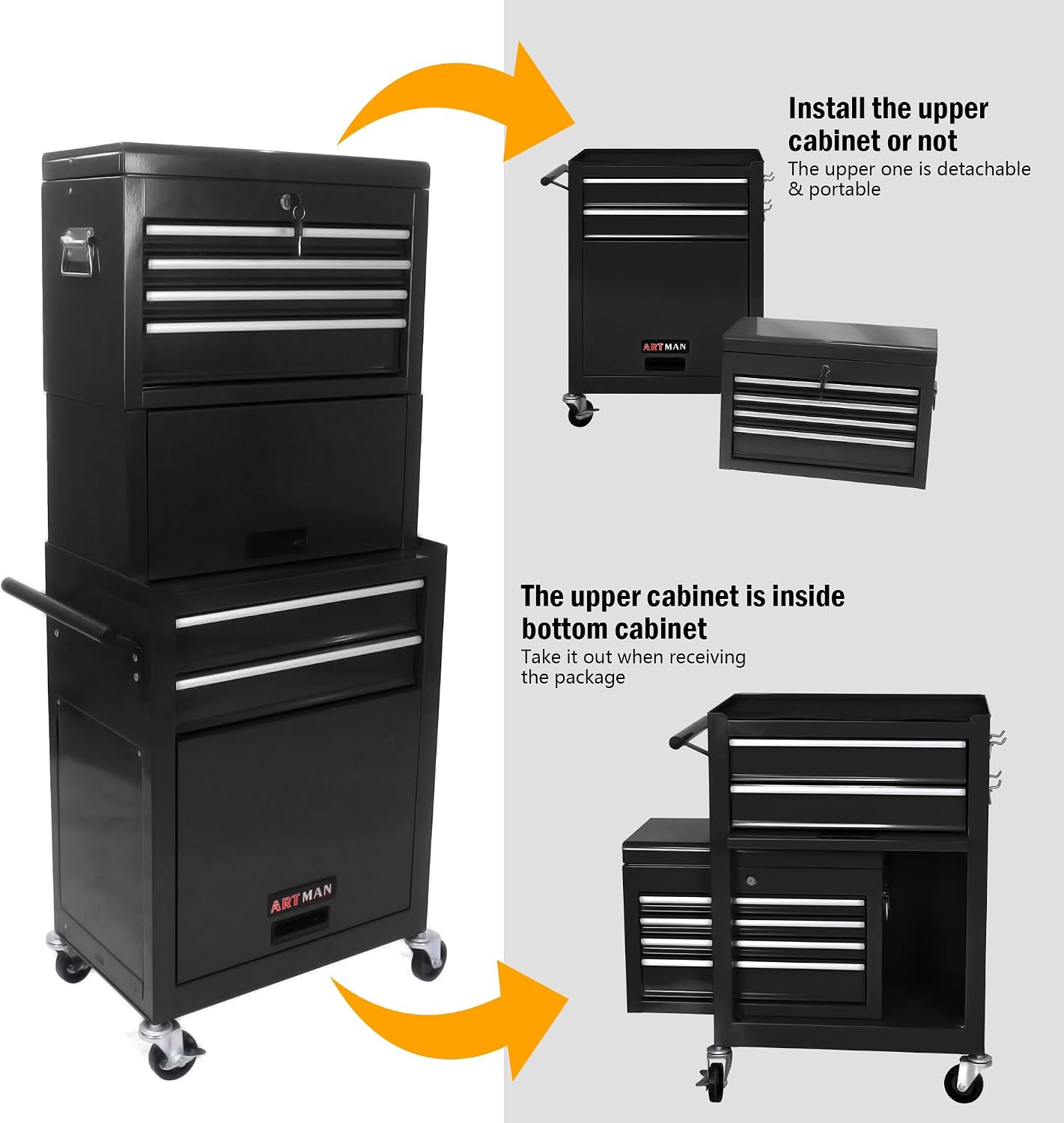6-Drawer Tool Chest, 3-in-1 Rolling Tool Box with Detachable Top Toolbox & Key Lock,Tool Cabinet with Protective Liner & Universal Lockable Wheels,Metal Storage Cart for Garage,Workshop (Black)