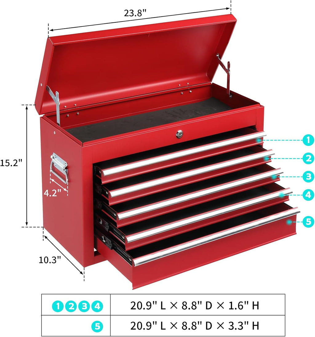 Winado 24' Metal Tool Box, Portable 5 Drawers Toolbox with Top Storage Tray, Carry Handle, Ball Bearing Runners, Lockable Tool Chest Cabinet for Garage, Warehouse, Repair Shop & Home, Red