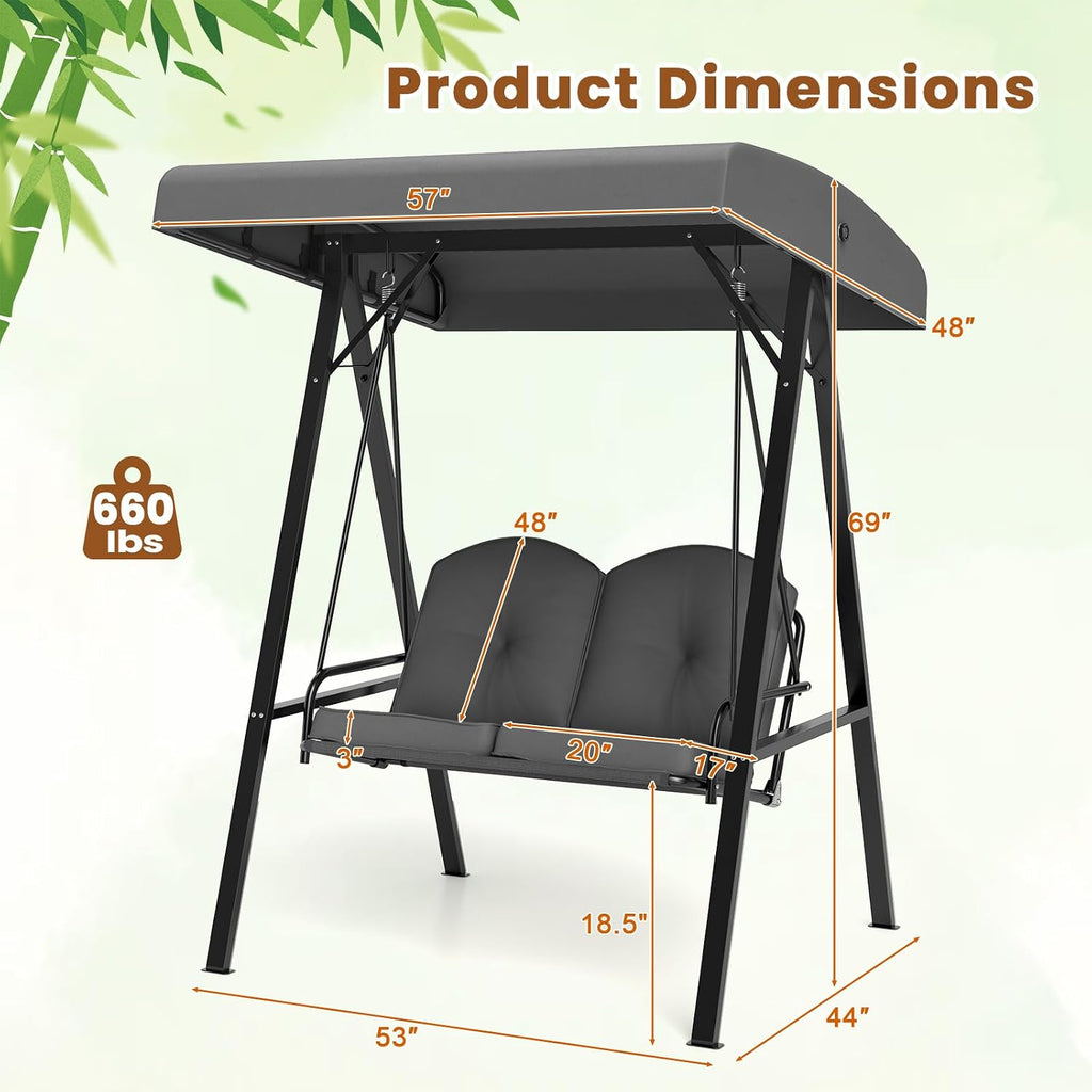 Tangkula 2 Person Porch Swing, Patio Swing with Adjustable Canopy, Heavy-Duty Metal Frame & Soft Cushion, Outdoor Swing for Backyard, Garden (Grey)
