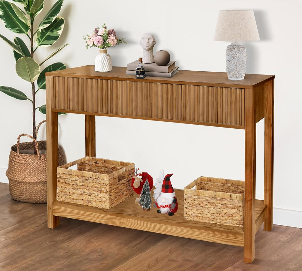 Fluted Console Table with Storage, 48' Long Entryway Slim Sofa Table Behind Couch Entry Tables, Narrow Wood Hallway Modern Living Room Couch Foyer Entrance Tables Brown