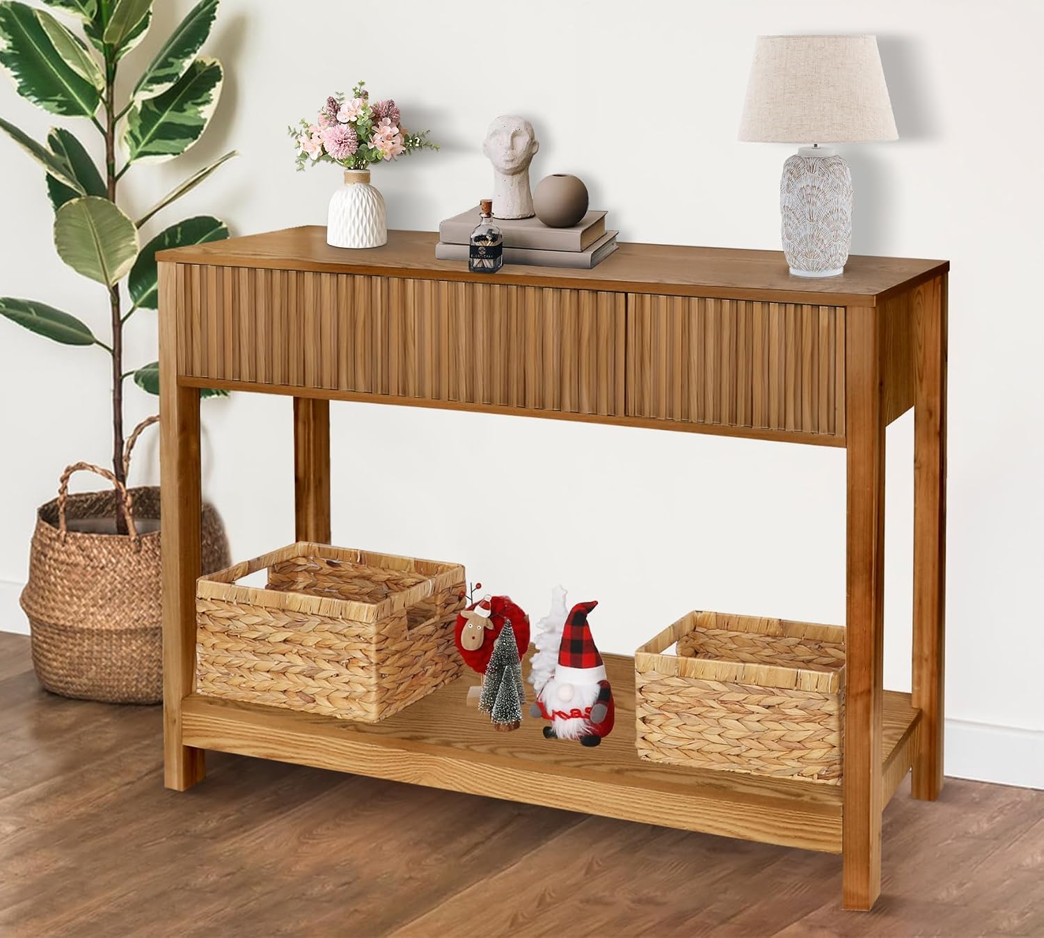 Fluted Console Table with Storage, 48' Long Entryway Slim Sofa Table Behind Couch Entry Tables, Narrow Wood Hallway Modern Living Room Couch Foyer Entrance Tables Brown