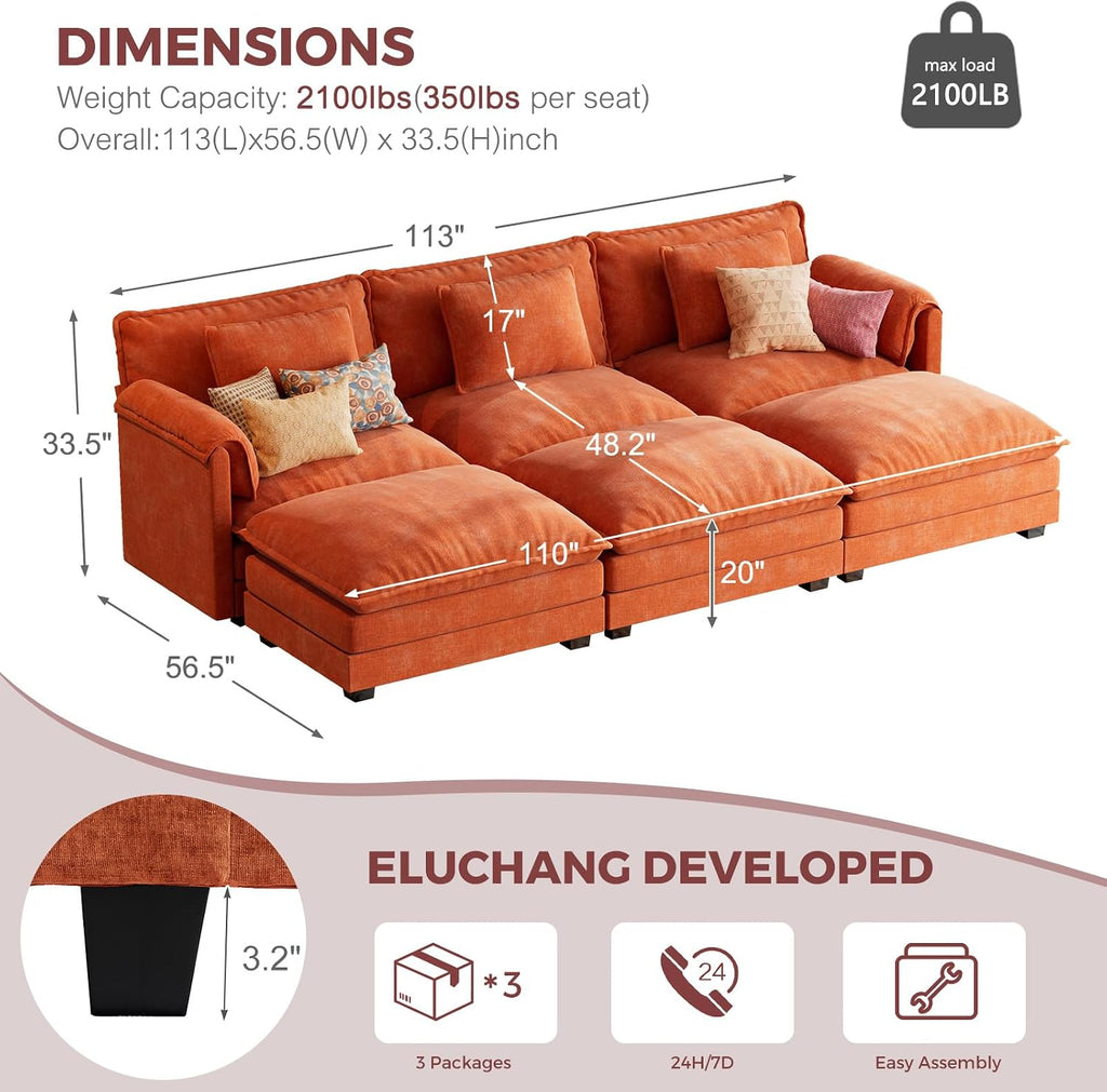 ELUCHANG 113' Luxury Modular Sectional Sofa, Comfy Deep Seat Cloud Couch, Sleeper Sofa Bed, 6 Seat Modern Couch with Removable Cover for Living Room, Apartment, DIY Combination, Chenille Terracotta