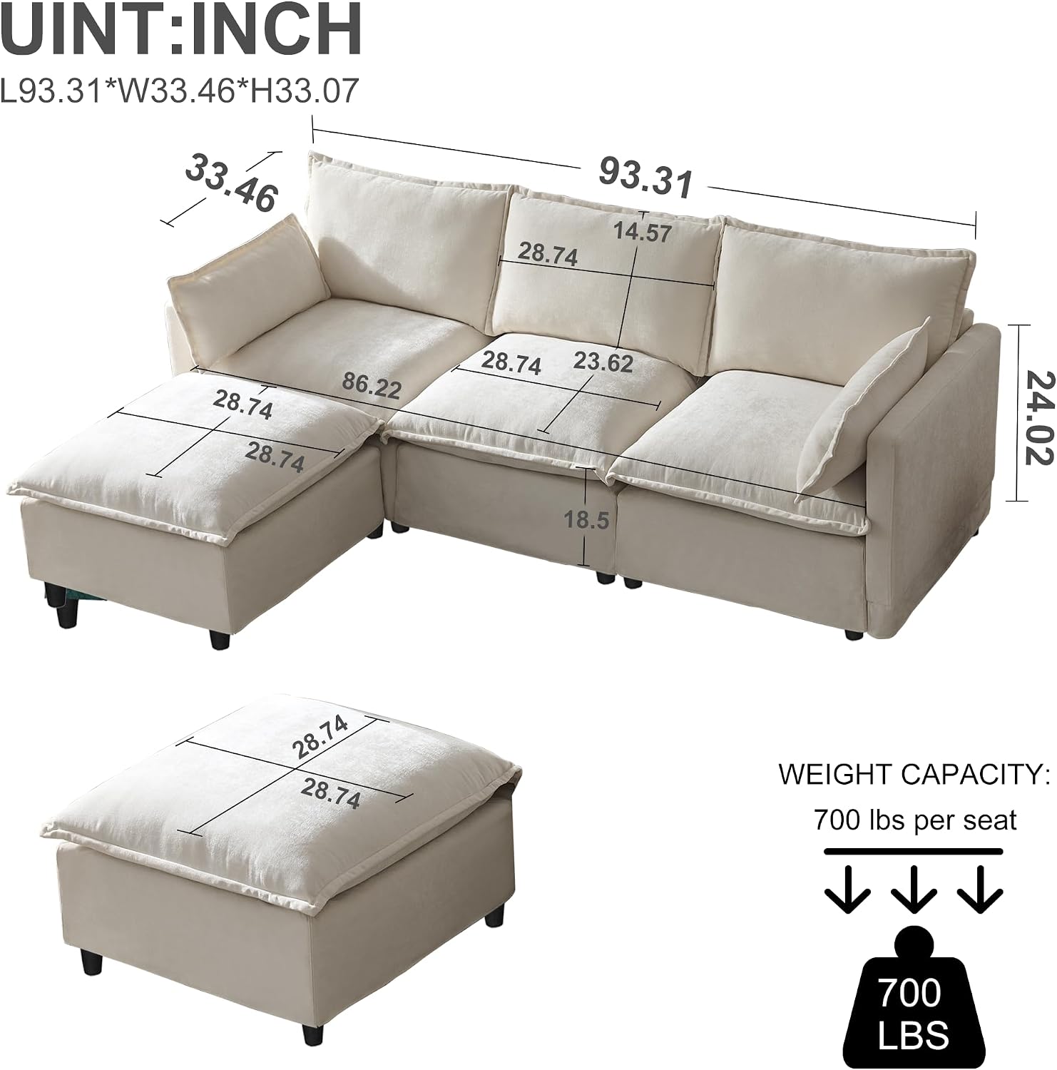 93.31' Inch L-Shaped Couch Sofa with Movable Ottoman, Modular Sectional Sofa with 4 Seats and Pillows for Living Room, Modern Chenille Fabric Large Comfy Cloud Couch DIY Combination (Beige-93inch)