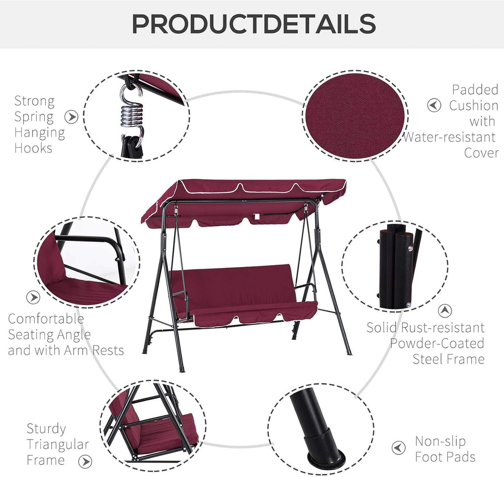 Outsunny 3-Seat Outdoor Patio Swing Chair with Removable Cushion, Steel Frame Stand and Adjustable Tilt Canopy for Patio, Garden, Poolside, Balcony, Backyard, Wine Red