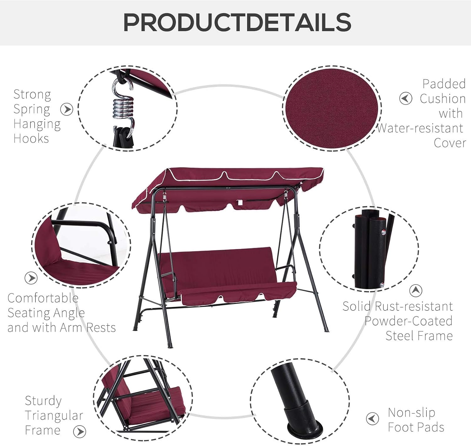 Outsunny 3-Seat Outdoor Patio Swing Chair with Removable Cushion, Steel Frame Stand and Adjustable Tilt Canopy for Patio, Garden, Poolside, Balcony, Backyard, Wine Red