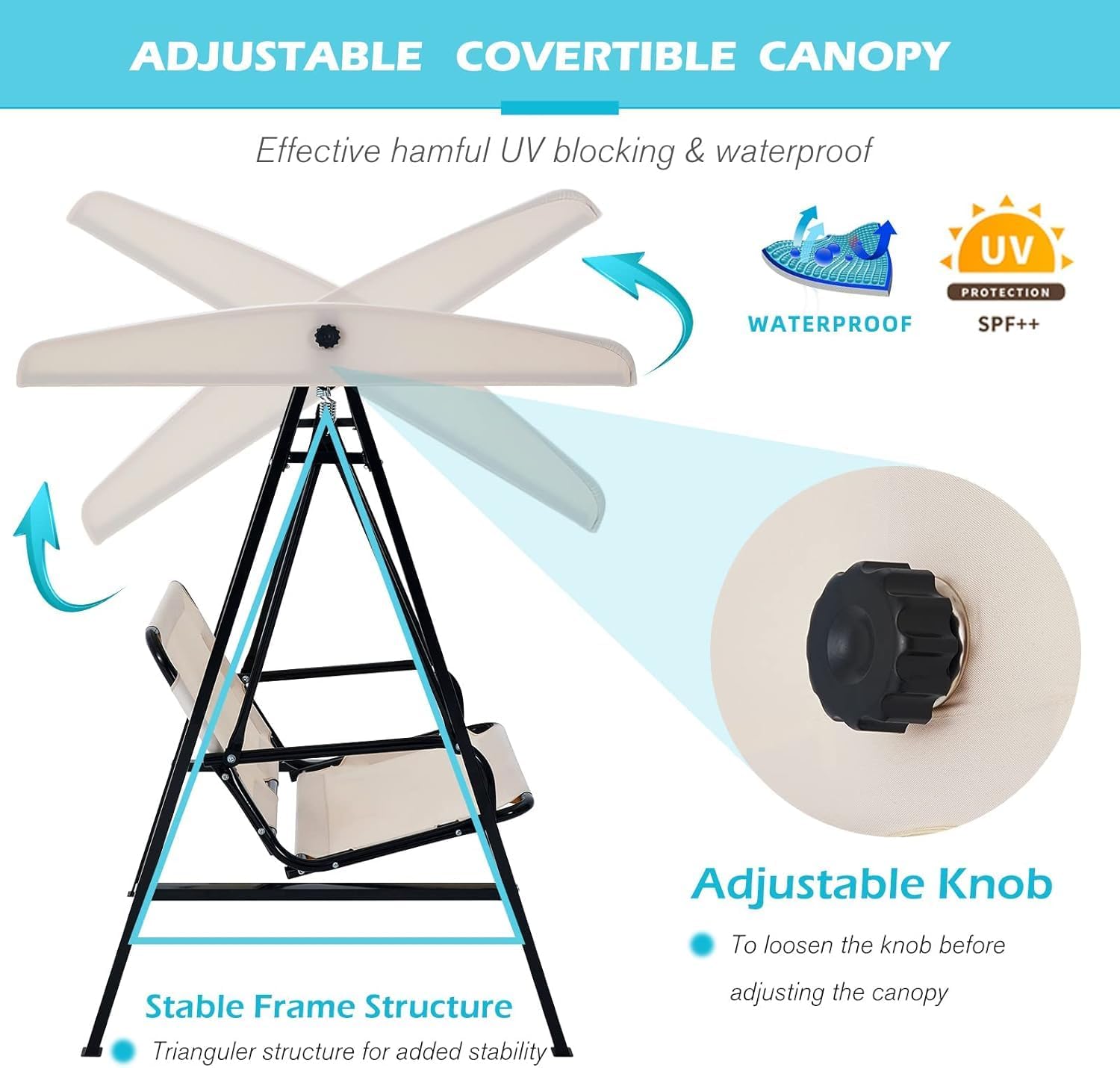 AECOJOY 2-Seat Outdoor Patio Swing Chair with Adjustable Canopy, Porch Swings Chairs for Adult, Outside Swing Bench with Removable Cushion, Suitable for Backyard, Garden, Yard, Poolside, Balcon,Beige