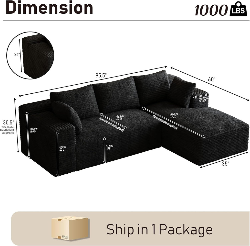 Cloud Sectional Couch Modular Sectional Sofa, 95.5' Comfy Fluffy Black L Shaped Boneless Couches for Living Room, Deep Seat Plush Corduroy Memory Foam Couch with Right Facing Chaise Sofa