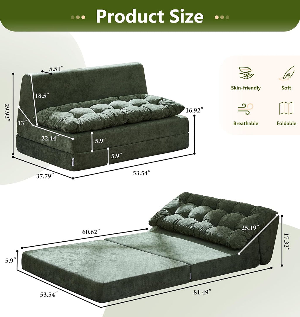 Hobestluk Sofa Couch Folding Sofa Bed Sleeper Comfy Floor Lounger Loveseat Sofa with Removable Cushion Couches Foldable Mattress for Living Room Bedroom or Office (Chenille Green, Oversize)