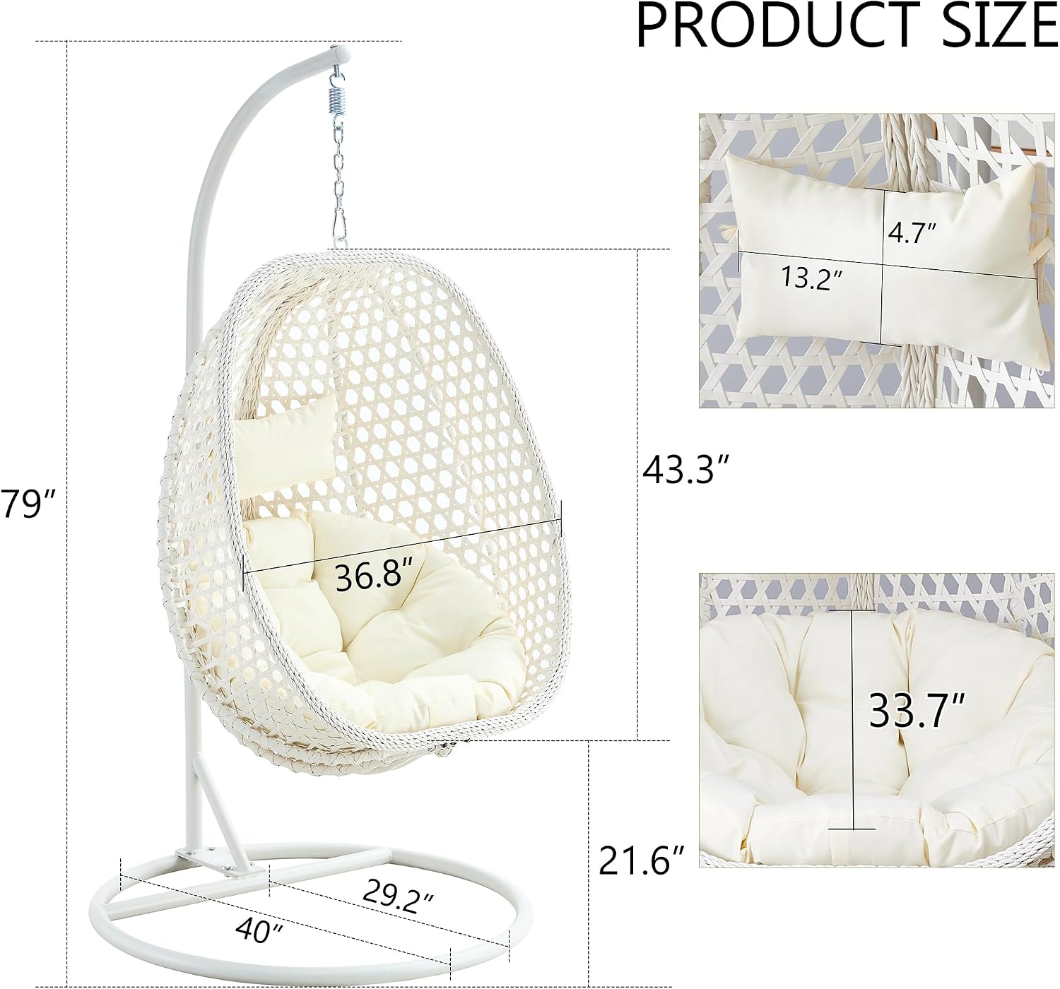 Egg Chair Indoor Outdoor - Hanging Swing Chair for Bedroom, Patio, Balcony & Backyard - Heavy Duty 350LBS - White