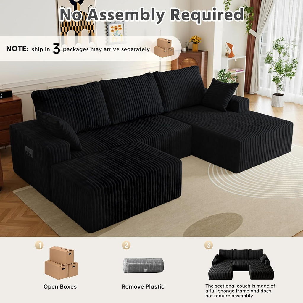 108' U-Shape Modular Sectional Cloud Couch with Ottoman, Deep Seat Boneless Couch with Oversized Chaise Lounge, Comfy Flannel Fabric Sofa for for Living Room Bedroom Apartment Game Room Basement