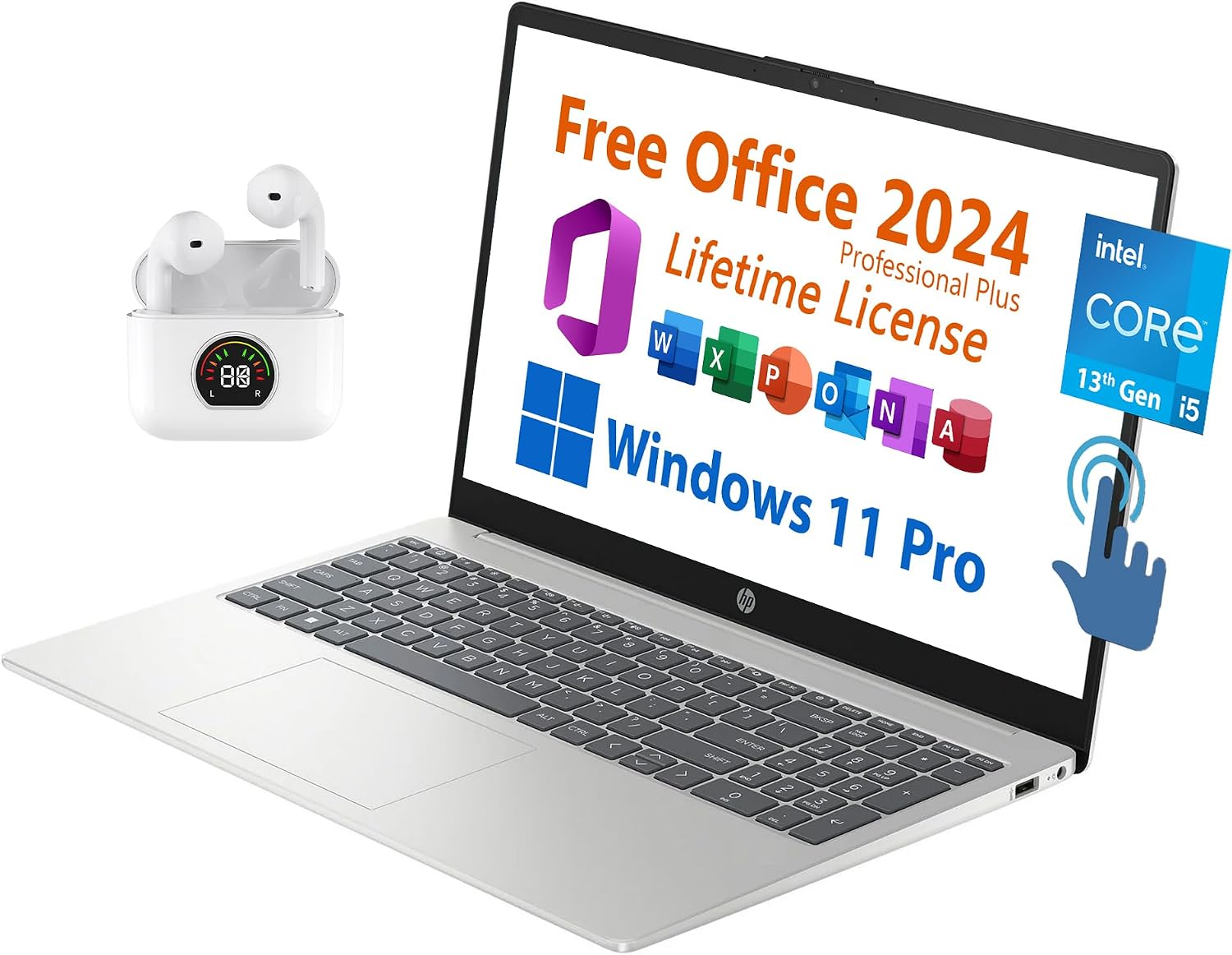 HP 15.6' Business Laptop, Free Microsoft Office 2024, FHD Touchscreen, Intel 10-Core i5-1334U Upto 4.6 GHz, 16GB RAM, 512GB SSD, 6.5 Hours Battery, WiFi 6, Windows 11 Pro, Toree Wireless Earbuds
