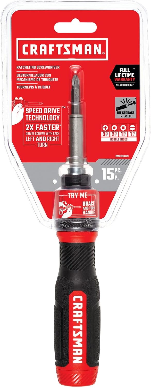 CRAFTSMAN Ratcheting Screwdriver,SpeedDrive,2' Double Ended Bits Included,Handle Holds Up To 6 Bits (CMHT68129),(Pack of 4)