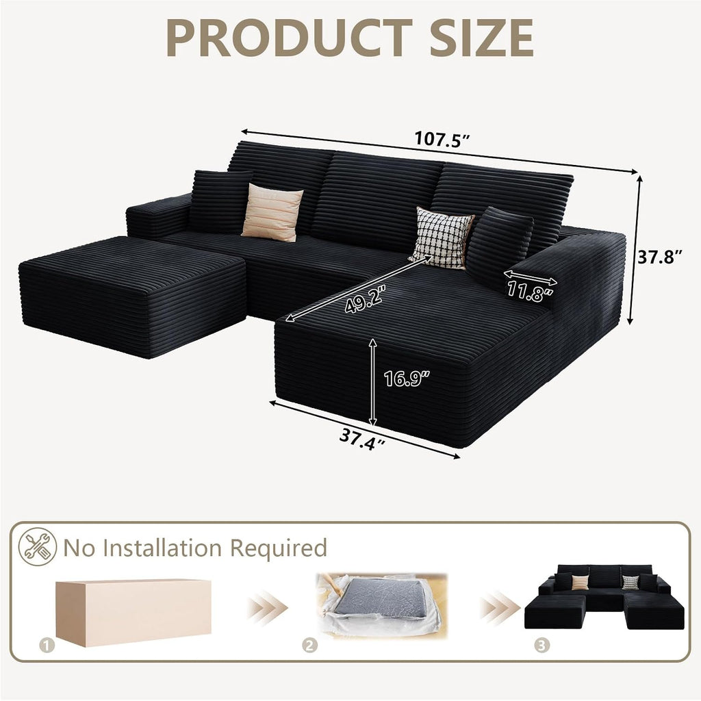 107' Cloud Sectional Couch with U-Shaped Chaise, Corduroy Sectional Sofa with Ottoman, Boneless Couch with Deep Seat in a Box for Living Room, No Assembly Required (Black, Right Facing Chaise)