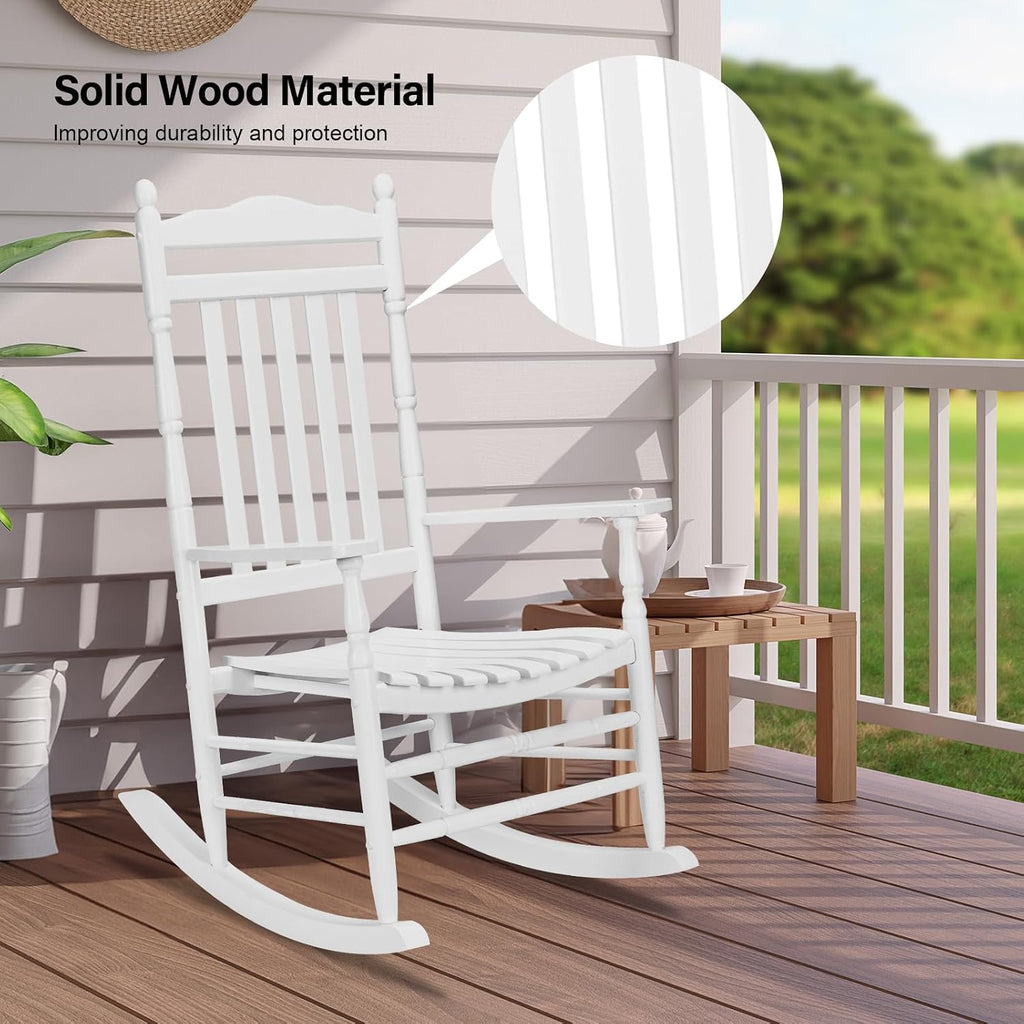 VINGLI Wooden Rocking Chair Outdoor Set of 2, Patio Rockers with High Back, Support 450 LBS Rocking Chairs, for Porch, Patio, Balcony, Garden, Yard (White, 2 PCS)