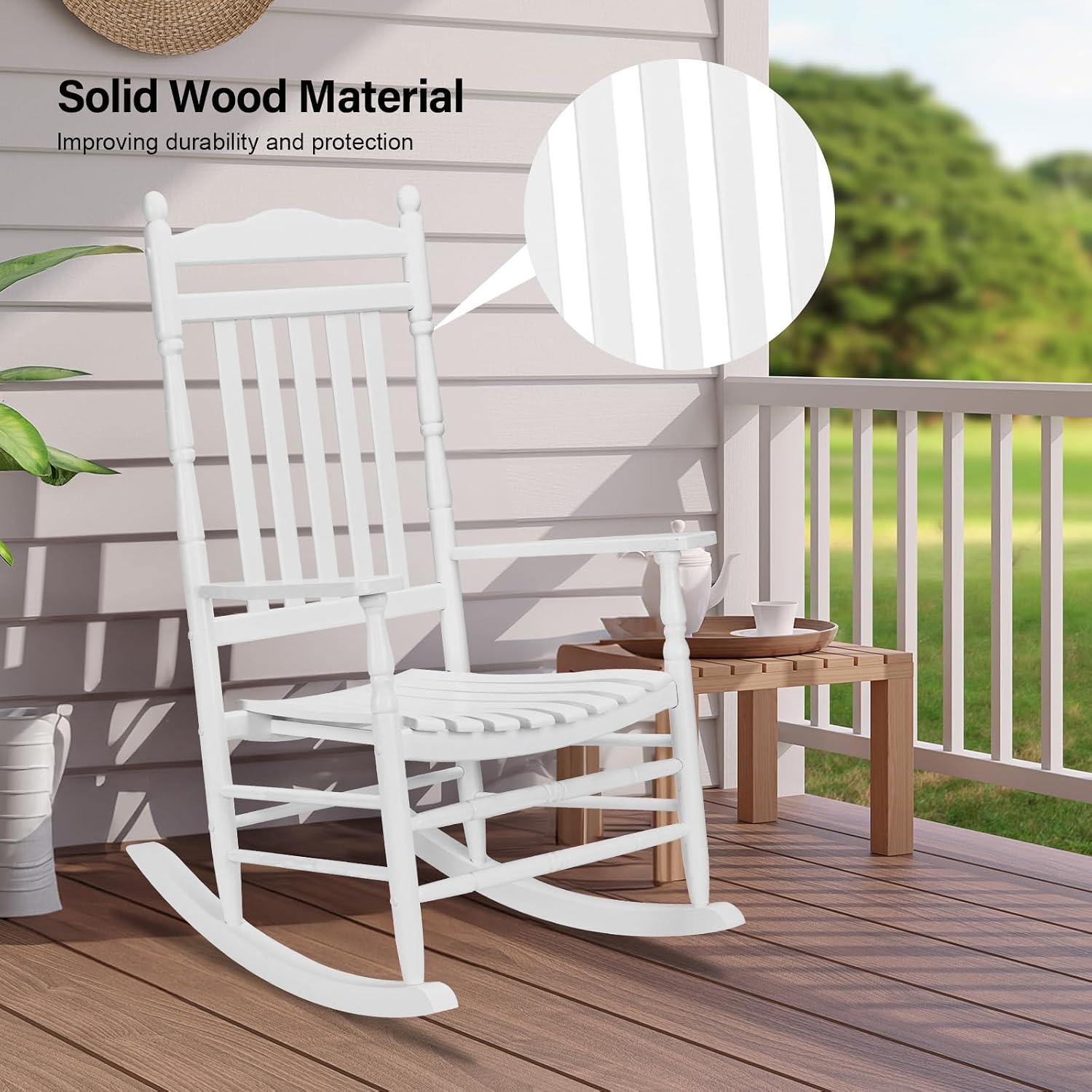 VINGLI Wooden Rocking Chair Outdoor Set of 2, Patio Rockers with High Back, Support 450 LBS Rocking Chairs, for Porch, Patio, Balcony, Garden, Yard (White, 2 PCS)