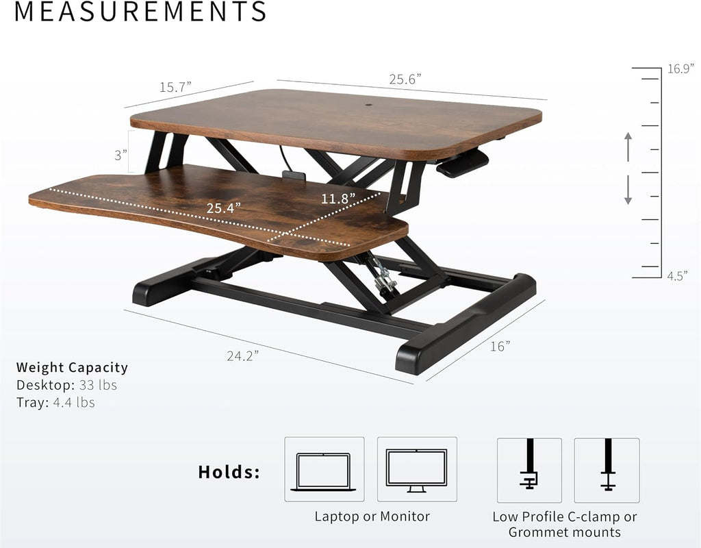 VIVO 26 inch Desk Converter, K Series, Height Adjustable Sit to Stand Riser, Dual Monitor and Laptop Workstation with Keyboard Tray, Rustic Vintage Brown Top, Black Frame, DESK-V026KN