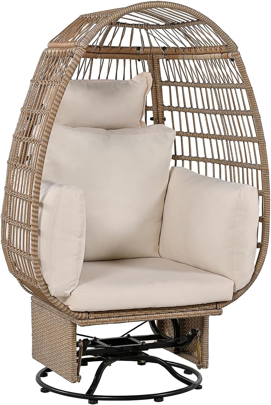 Outdoor Swivel Chair with Cushions, Rattan Egg Patio Chair with Rocking Function for Balcony, Poolside and Garden