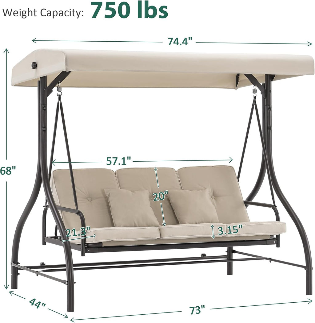 MCombo 3-Seat Outdoor Patio Swing Chair, 2-in-1 Convertible Porch Swing Glider Chair with Removable Cushions, Adjustable Canopy & Pillows for Backyard, Deck, Garden, 4068 (Beige)