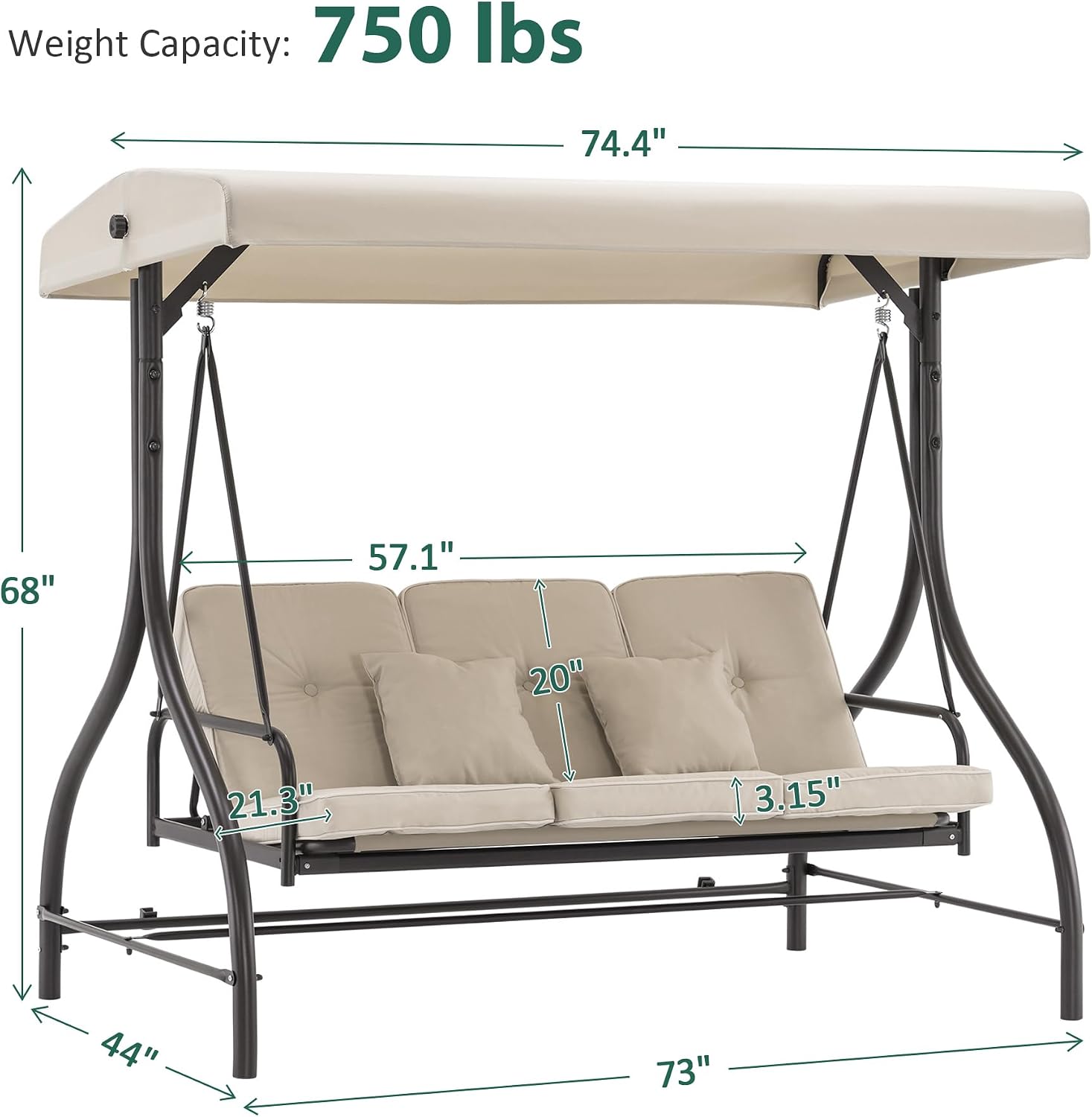 MCombo 3-Seat Outdoor Patio Swing Chair, 2-in-1 Convertible Porch Swing Glider Chair with Removable Cushions, Adjustable Canopy & Pillows for Backyard, Deck, Garden, 4068 (Beige)
