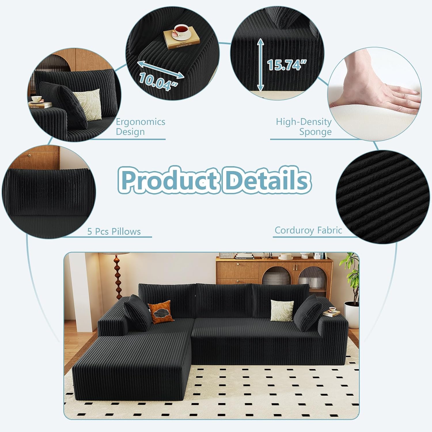 96' Cloud Sectional Couch with L-Shape Chaise, Modern Corduroy Boneless Couch for Living Room,Memory Foam Sofa with Deep Seat,No Assembly Required (Black,Left-Facing Chaise)