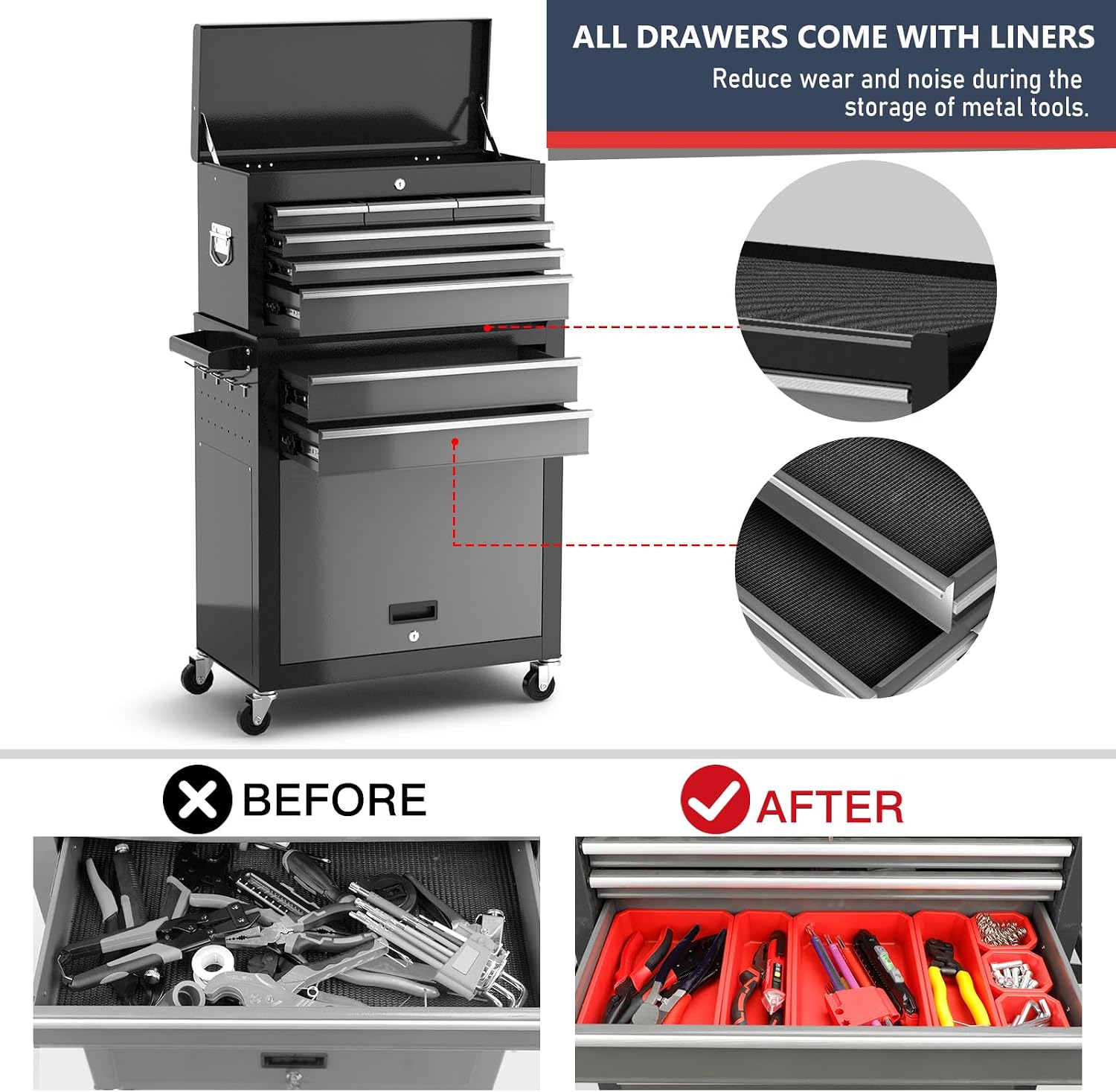 Tool Chest 8-Drawer | 42'' Large Rolling Tool Chest with Wheels | Detachable Top Metal Tool Box | Garage Storage Cabinet for Repair Room,Warehouse | Rolling Tool Box with Hooks,Liners,Tray Divider