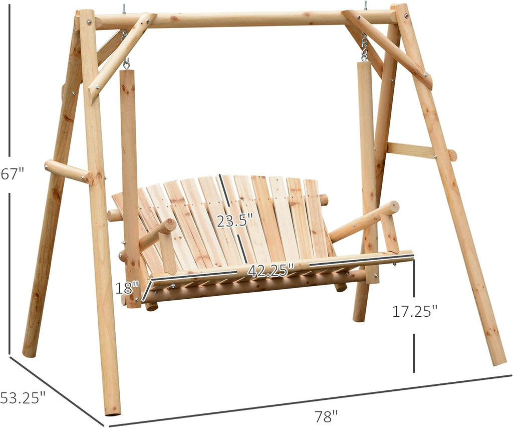 Outsunny 2-Seat Porch Swing with Stand, Wooden Patio Swing Chair Bench, for Garden, Poolside, Backyard, Natural