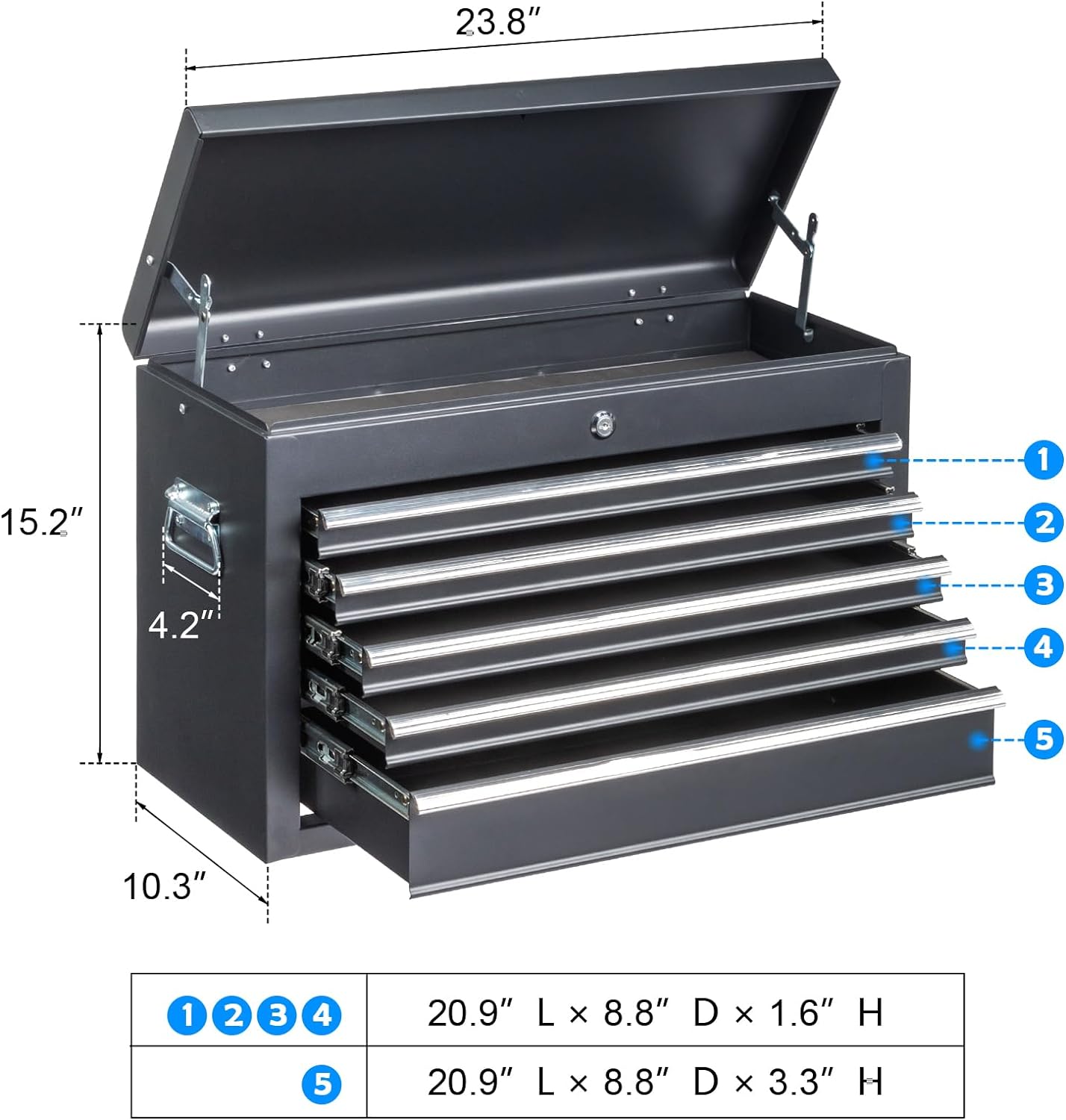 Winado 24' Portable Metal Tool Box, 5 Drawers Toolbox with Top Storage Tray, Carry Handle, Ball Bearing Runners, Lockable Tool Chest Cabinet for Garage, Warehouse, Repair Shop & Home, Black