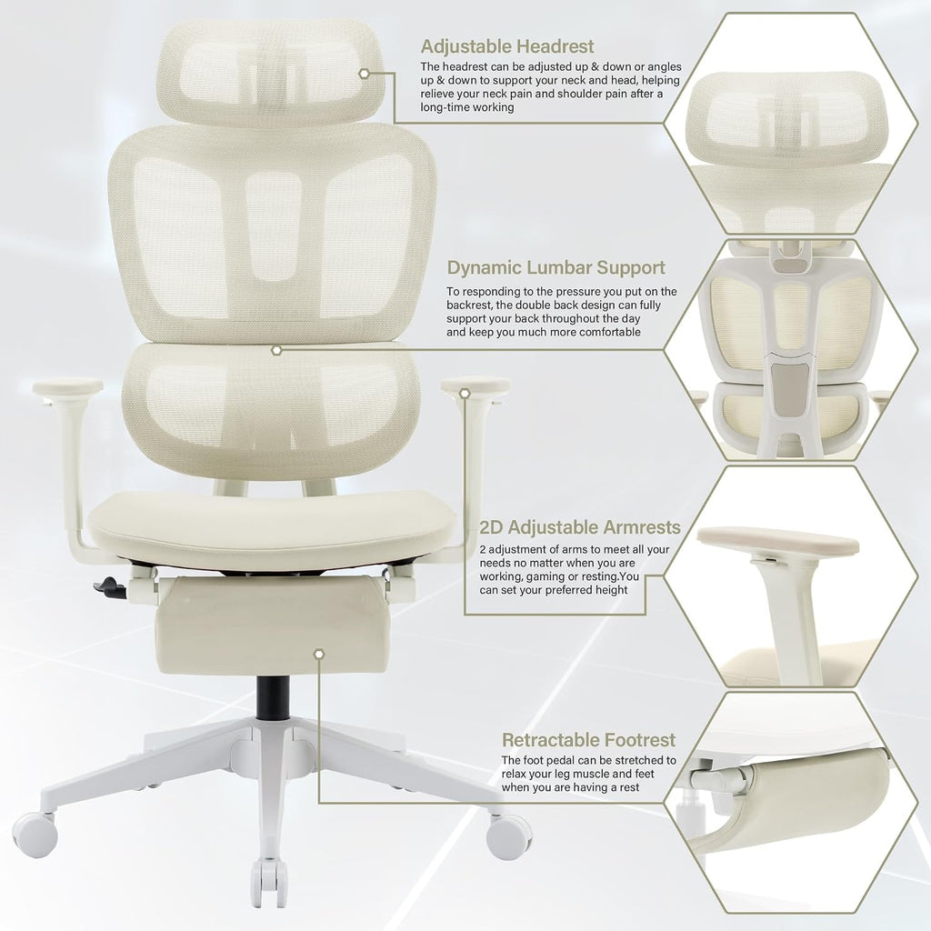 Ergonomic Mesh Office Chair with Retractable Footrest - High Back Computer Chair, Lumbar Support, Adjustable Armrest and Headrest, Durable Base - Multifunctional Home Office Desk Chair for Adults