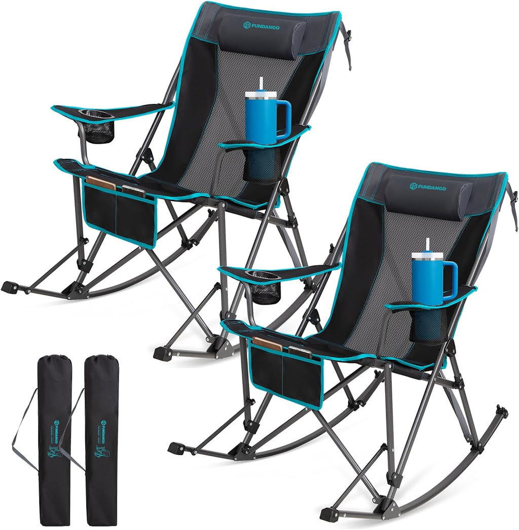 FUNDANGO Oversized Rocking Camping Chair for Adults, 2 Pack Portable Folding Lawn Chairs for Outside with Pillows, Wide Armrest, 2 Cup Holders, Carry Bag for Patio Garden Outdoor Supports 400Lbs