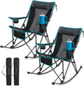 FUNDANGO Oversized Rocking Camping Chair for Adults, 2 Pack Portable Folding Lawn Chairs for Outside with Pillows, Wide Armrest, 2 Cup Holders, Carry Bag for Patio Garden Outdoor Supports 400Lbs