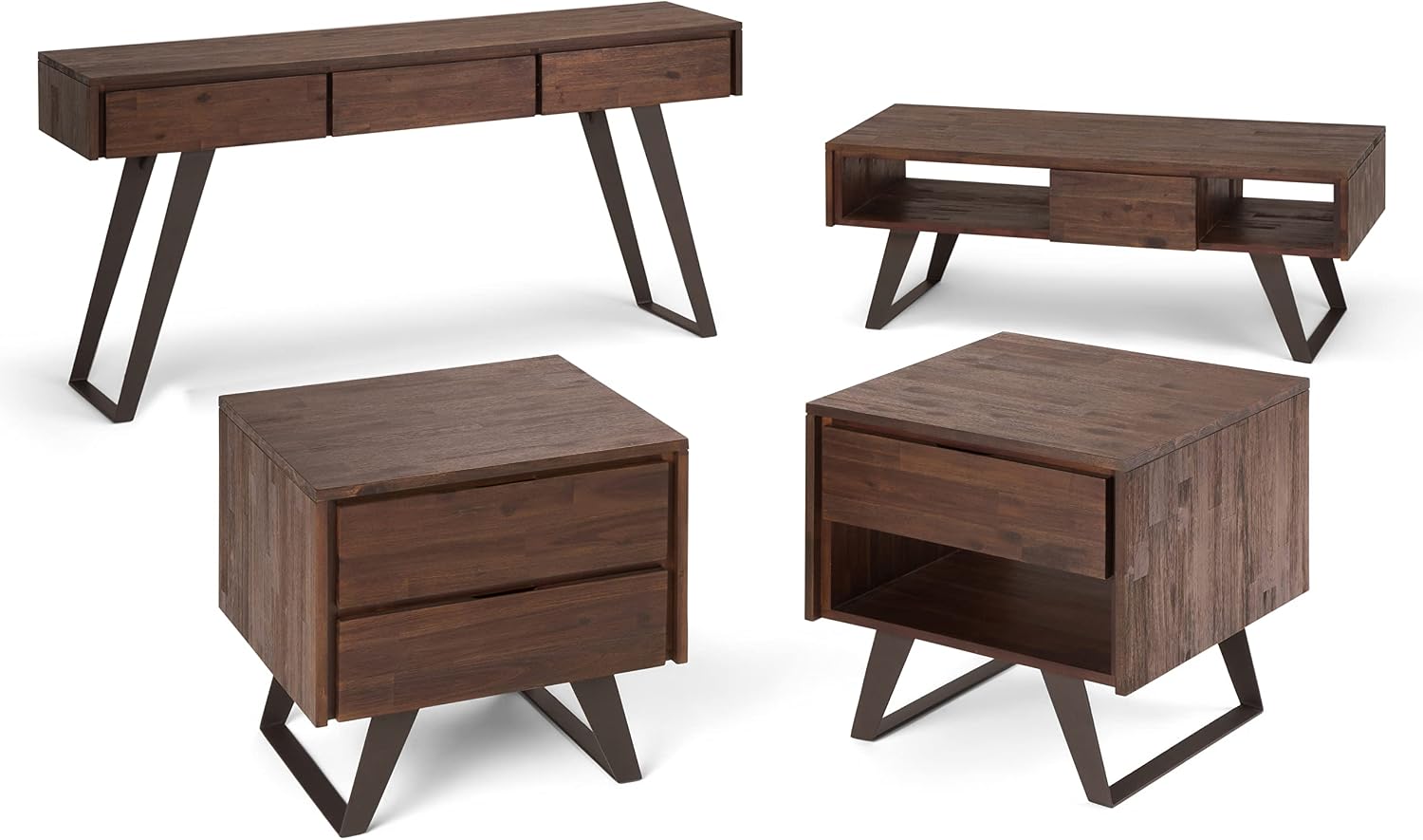 SIMPLIHOME Lowry End Table - 22 inch Wide Solid Acacia Wood Square Accent Table with Drawer and Open Shelf in Distressed Charcoal Brown, Modern Industrial Lamp Stand with Angled Legs for Living Room