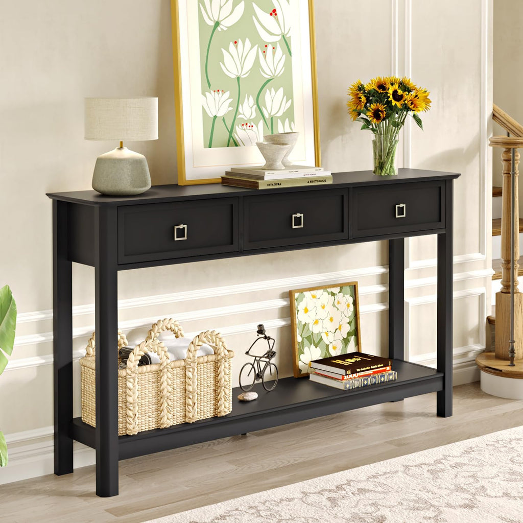 Treocho 53.1' Console Table with 3 Drawers, Modern Entryway Table, 2-Tier Narrow Long Sofa Table Behind Couch Table for Living Room, Hallway, Black