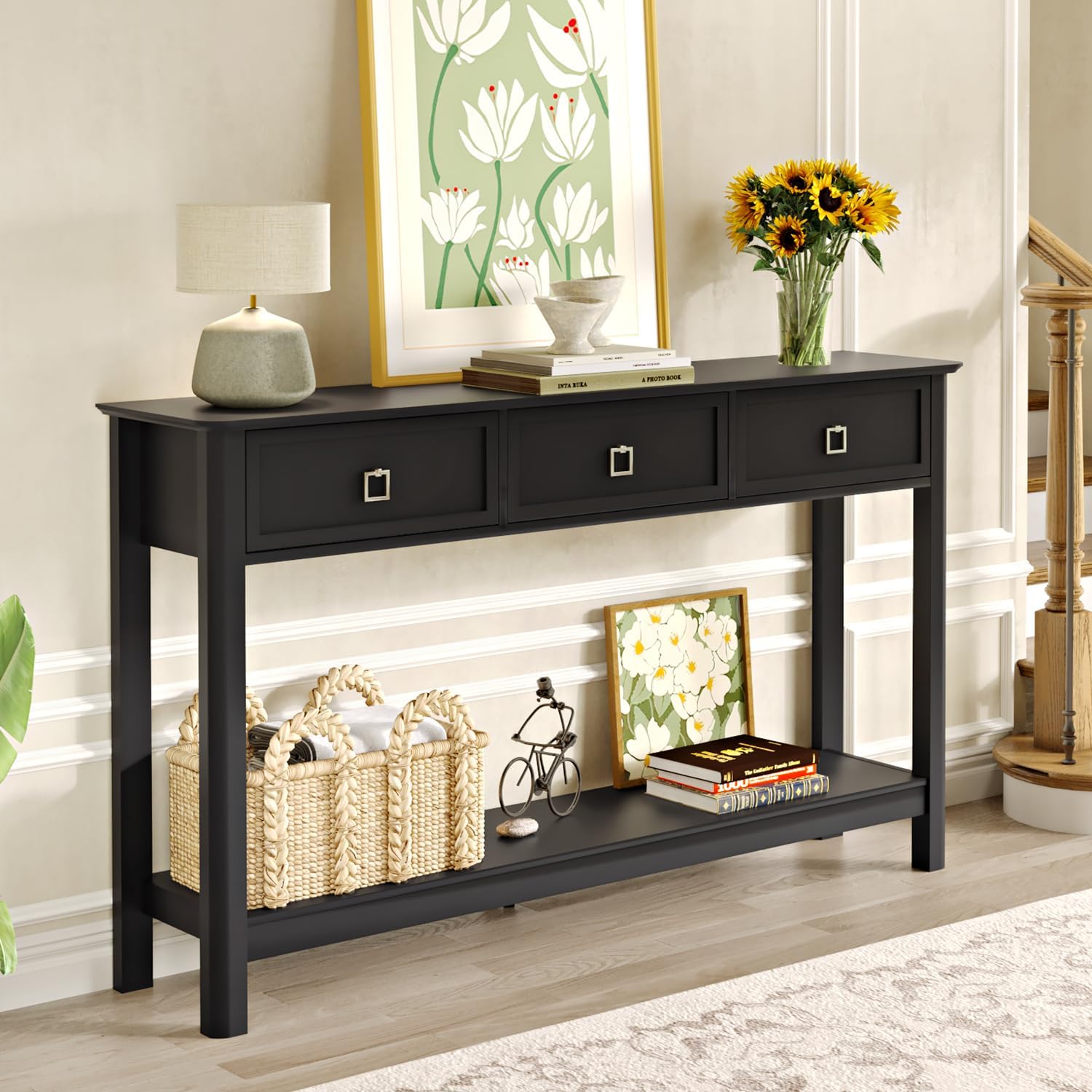 Treocho 53.1' Console Table with 3 Drawers, Modern Entryway Table, 2-Tier Narrow Long Sofa Table Behind Couch Table for Living Room, Hallway, Black