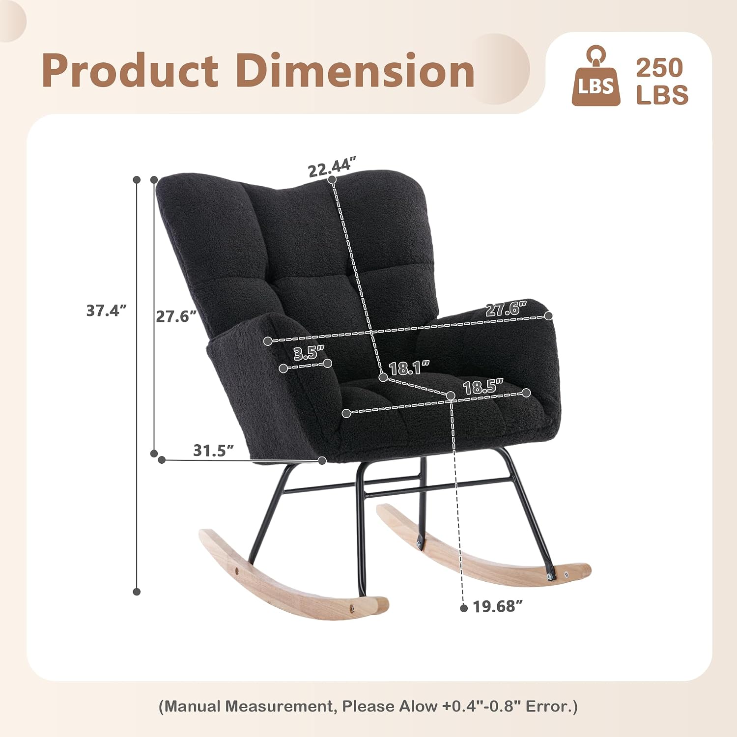 Setawix Teddy Fabric Rocking Accent Chair,Mid Century Modern Rocking Glider Armchair,Leisure Tufted Rocker Arm Chair for Nursery,Bedroom,Living Room (Teddy Black, 27.6')